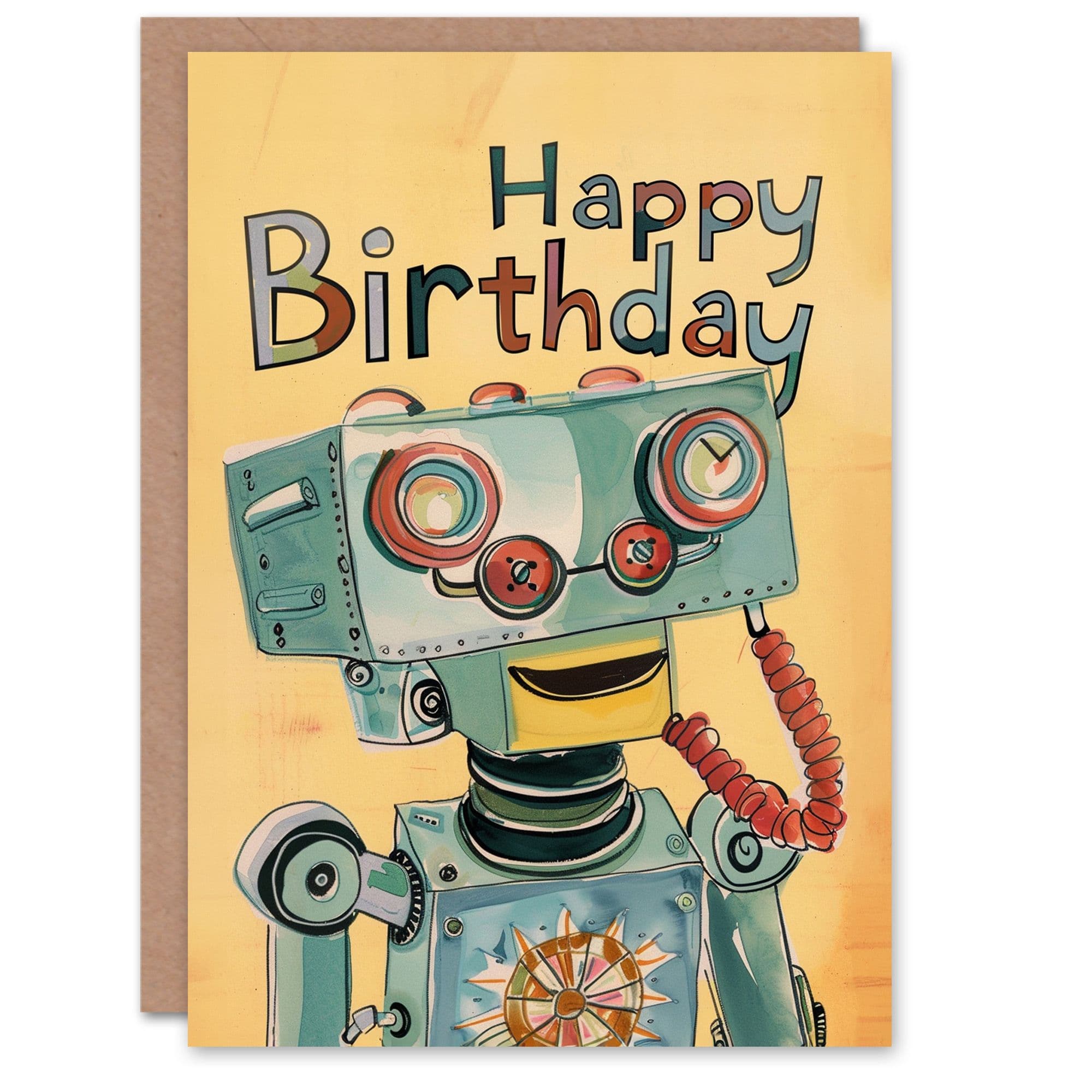 Birthday Card Happy Retro Robot Watercolour Painting Son Daughter Greeting Card