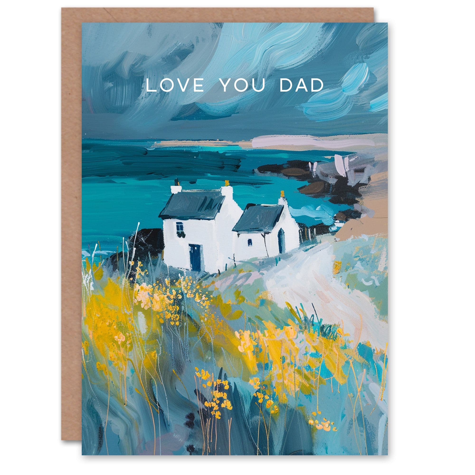 Fathers Day Card Scottish Seaside Cottage Oil Painting Dad Father Greeting Card