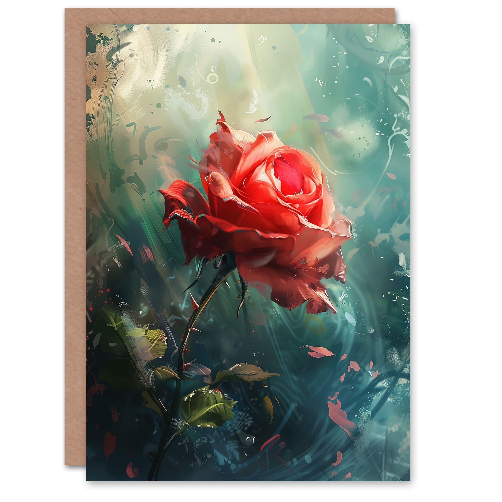 Single Red Rose Flower Morning Mist Painting Greeting Card Birthday