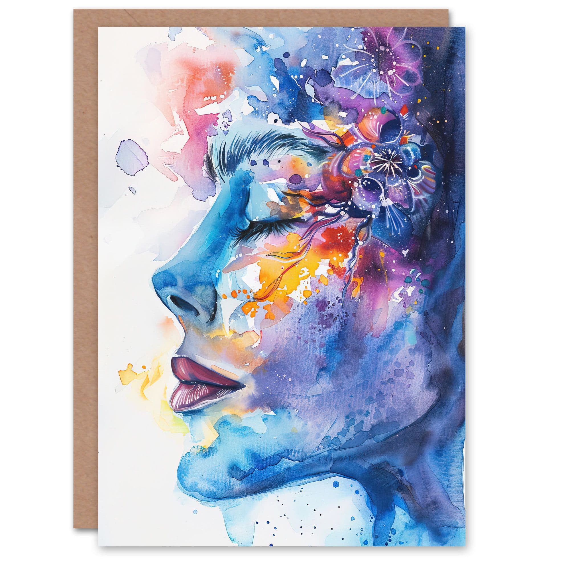 Ethereal Woman Face Portrait Floral Watercolour Greeting Card Birthday