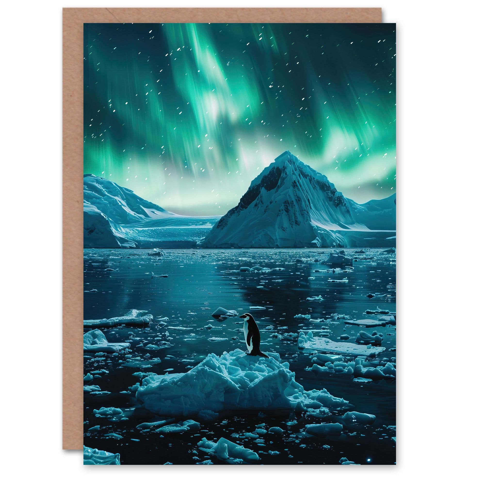Aurora Australis Penguin Antarctica Ice Landscape Greeting Card