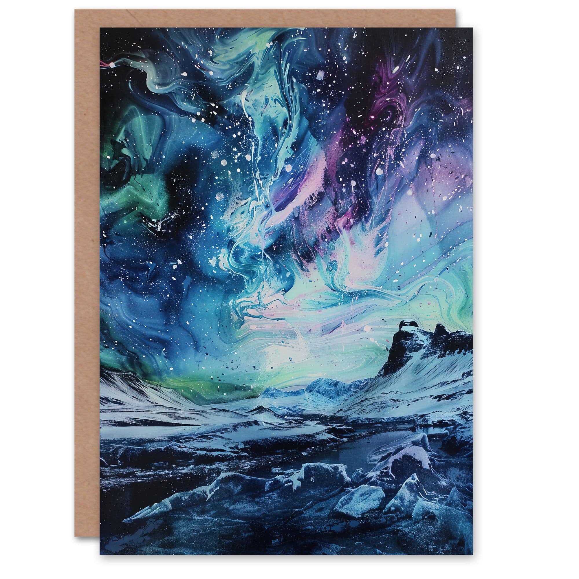 Aurora Australis Antarctica Liquid Paint Landscape Greeting Card