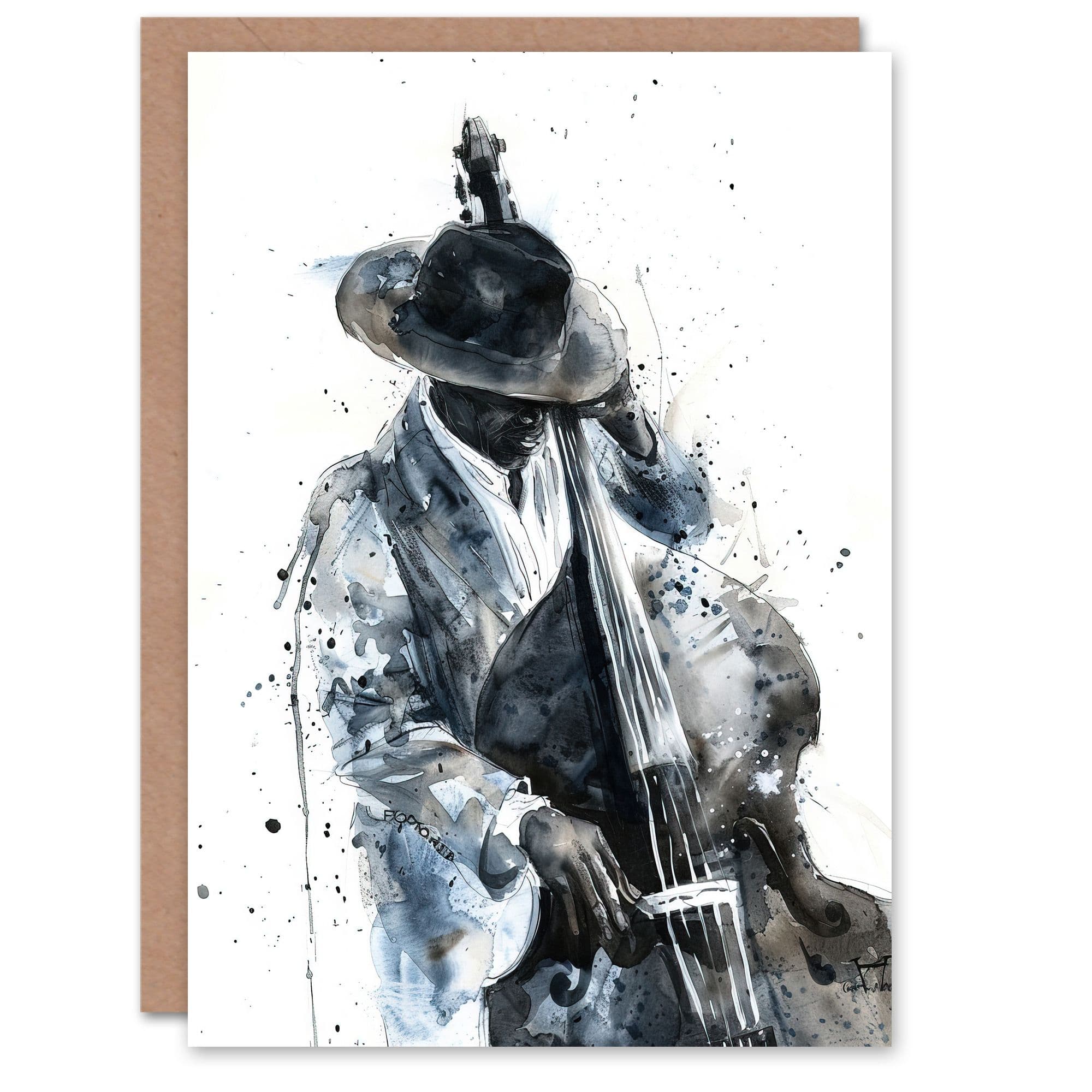 Jazz Music Double Bass Player Watercolour Greeting Card Birthday