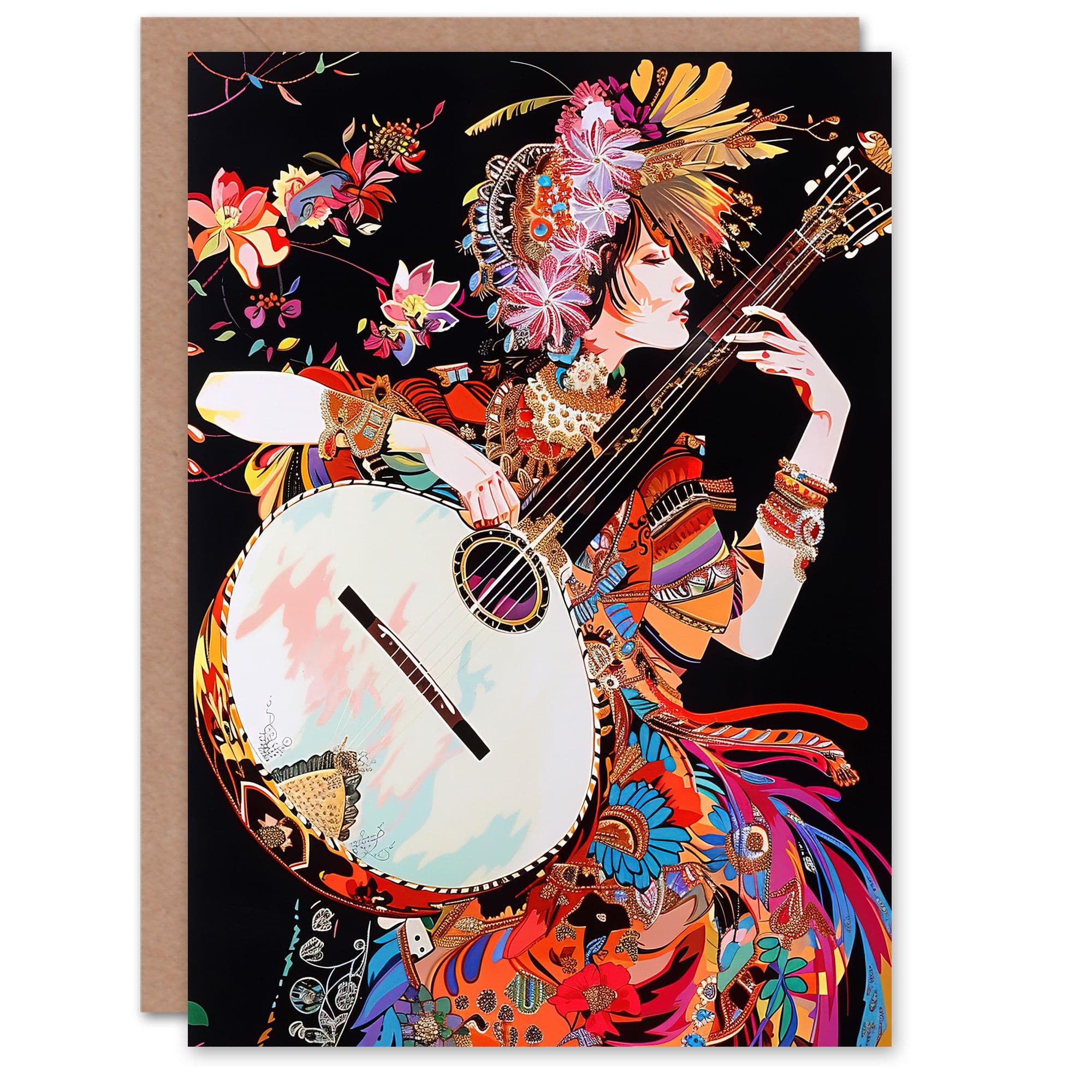 Woman Floral Banjo Player Colourful Portrait Greeting Card Birthday