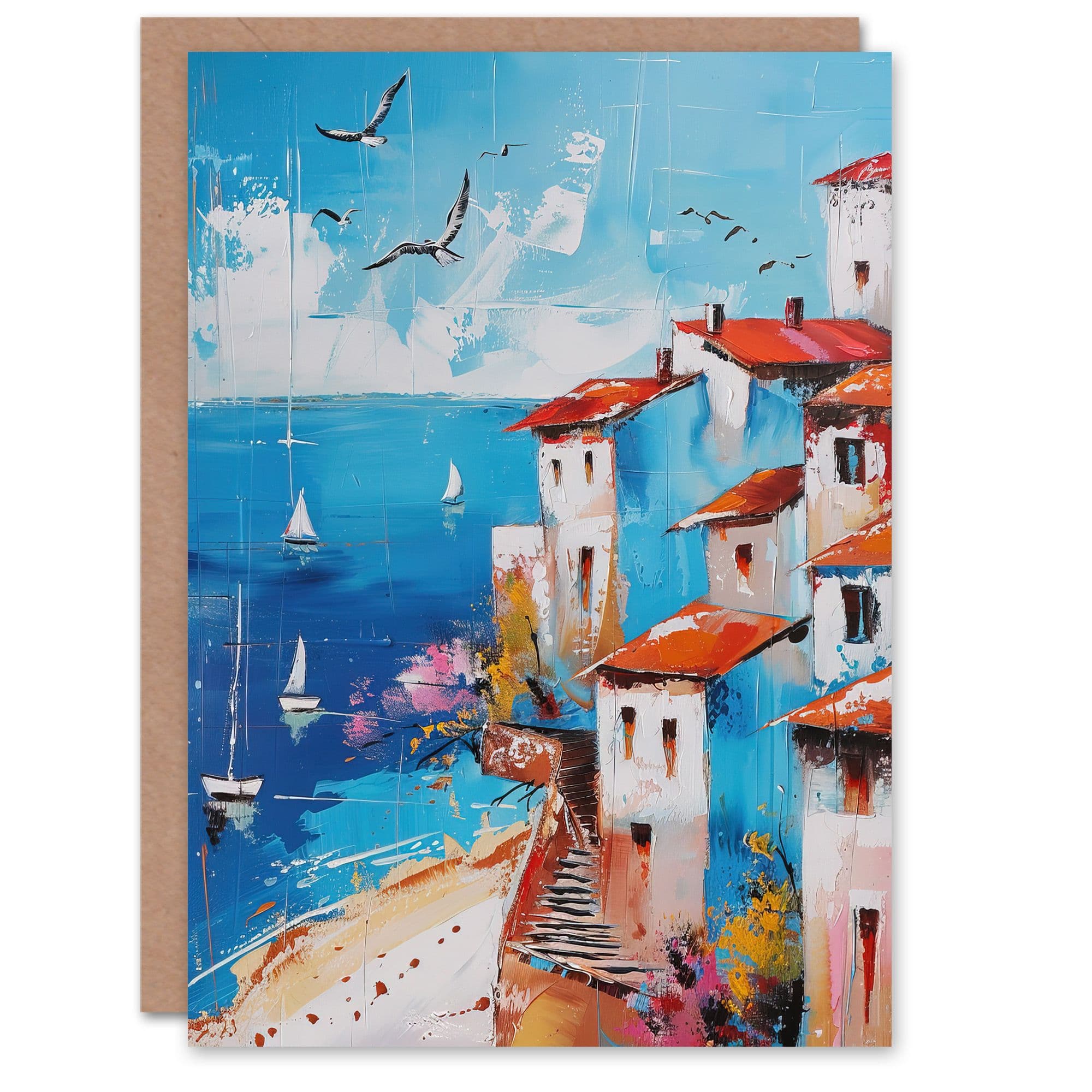 Coastal Town Beach Sail Boats Abstract Painting Greeting Card Birthday
