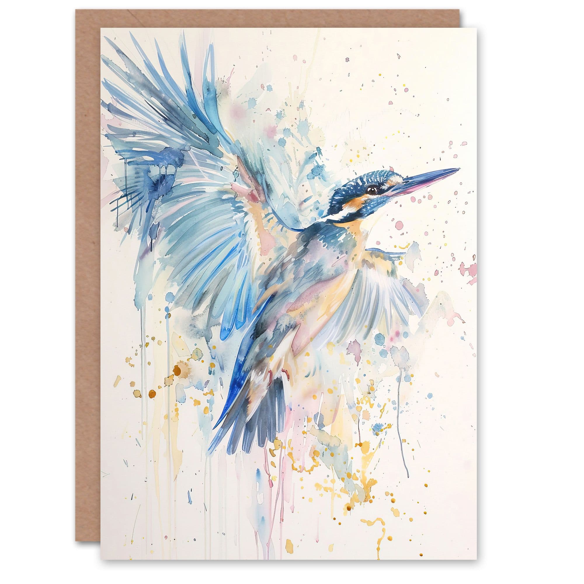 Kingfisher Bird Flight Watercolour Painting Greeting Card Birthday