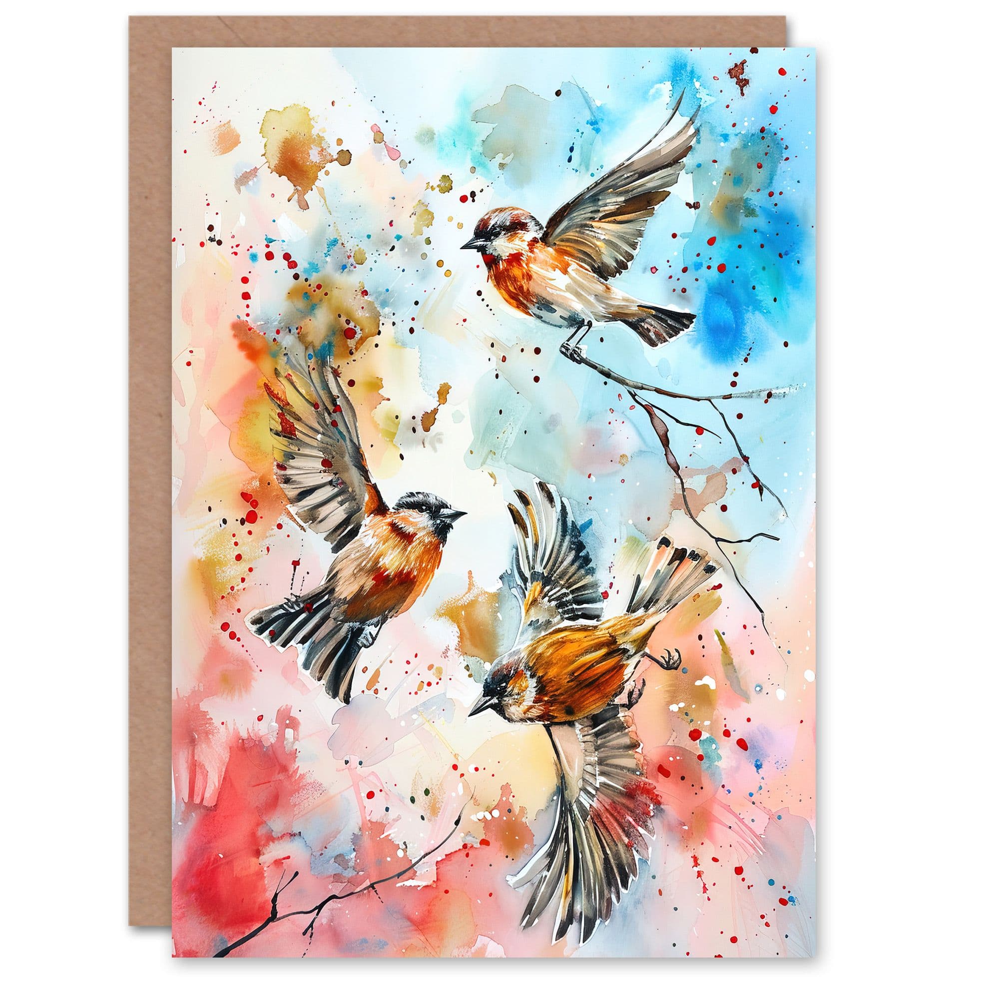 Three Birds in Flight Watercolour Painting Greeting Card Birthday
