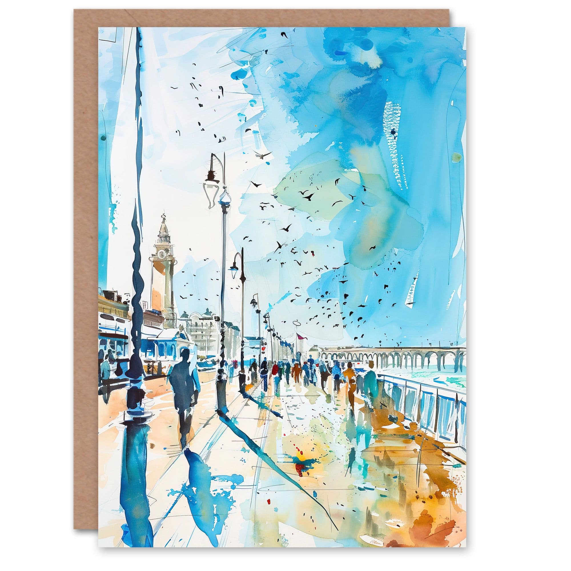 Walk on Promenade Watercolour Painting Greeting Card Birthday