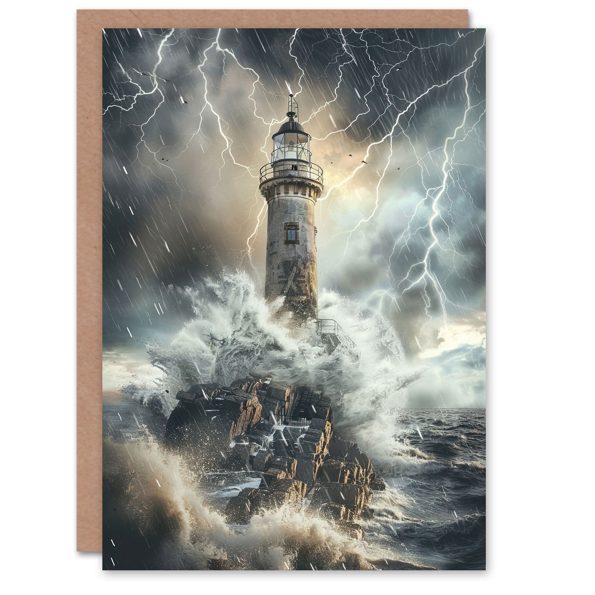 Lighthouse Thunderstorm Sea Crushing Waves Greeting Card Birthday
