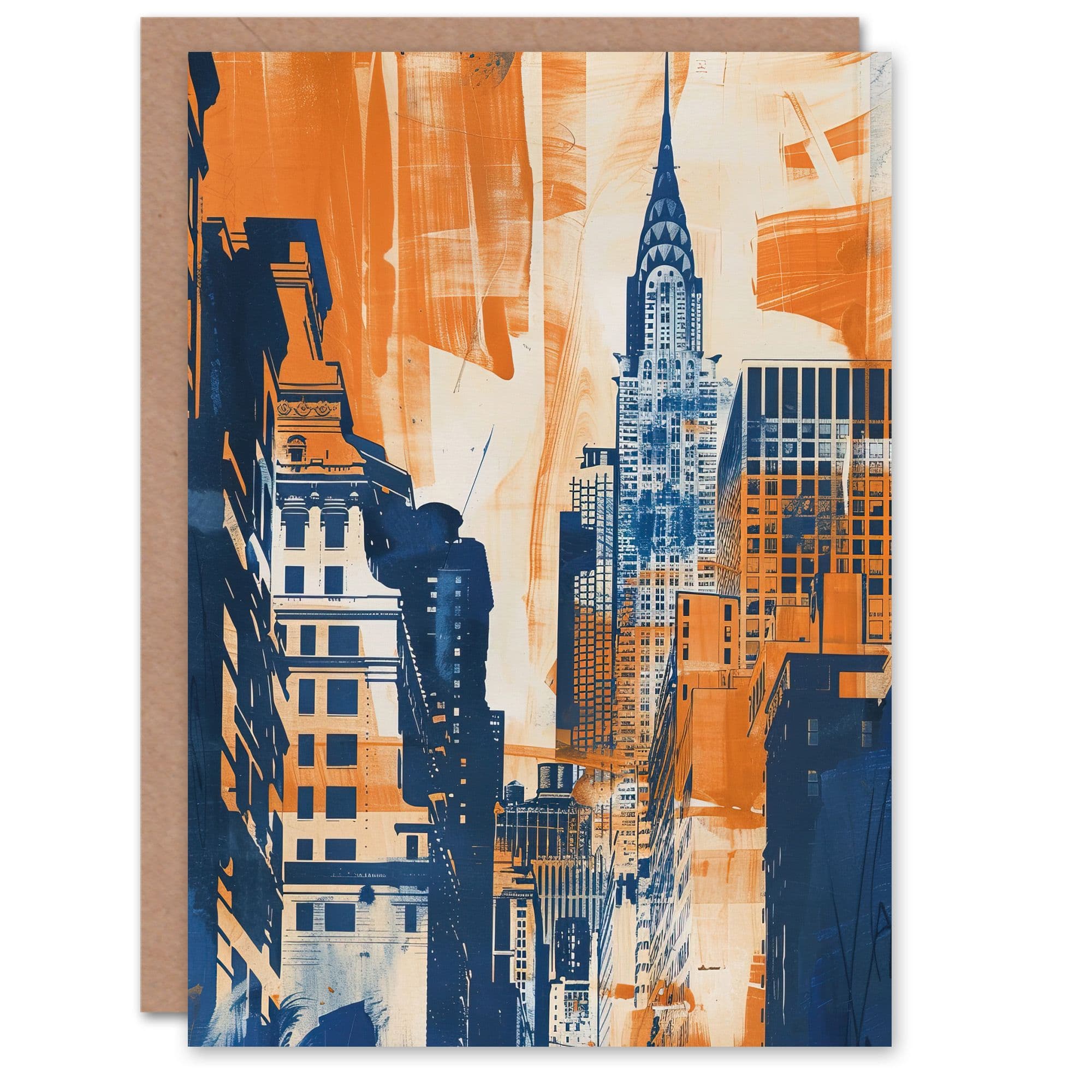 Cobalt Blue Cream Orange Cityscape Painting Greeting Card Birthday