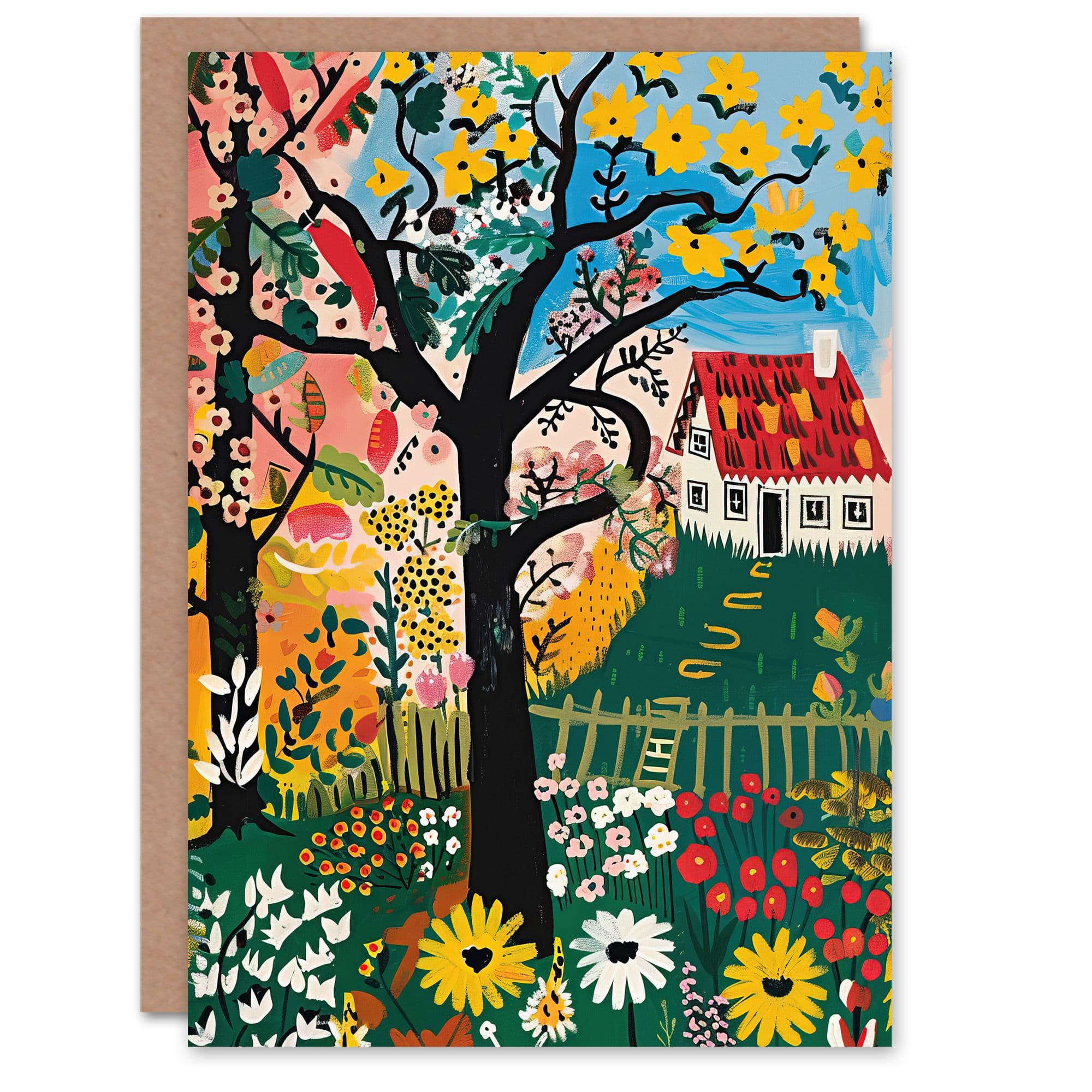 Cottage House Garden Flowers Folk Art Painting Greeting Card Birthday