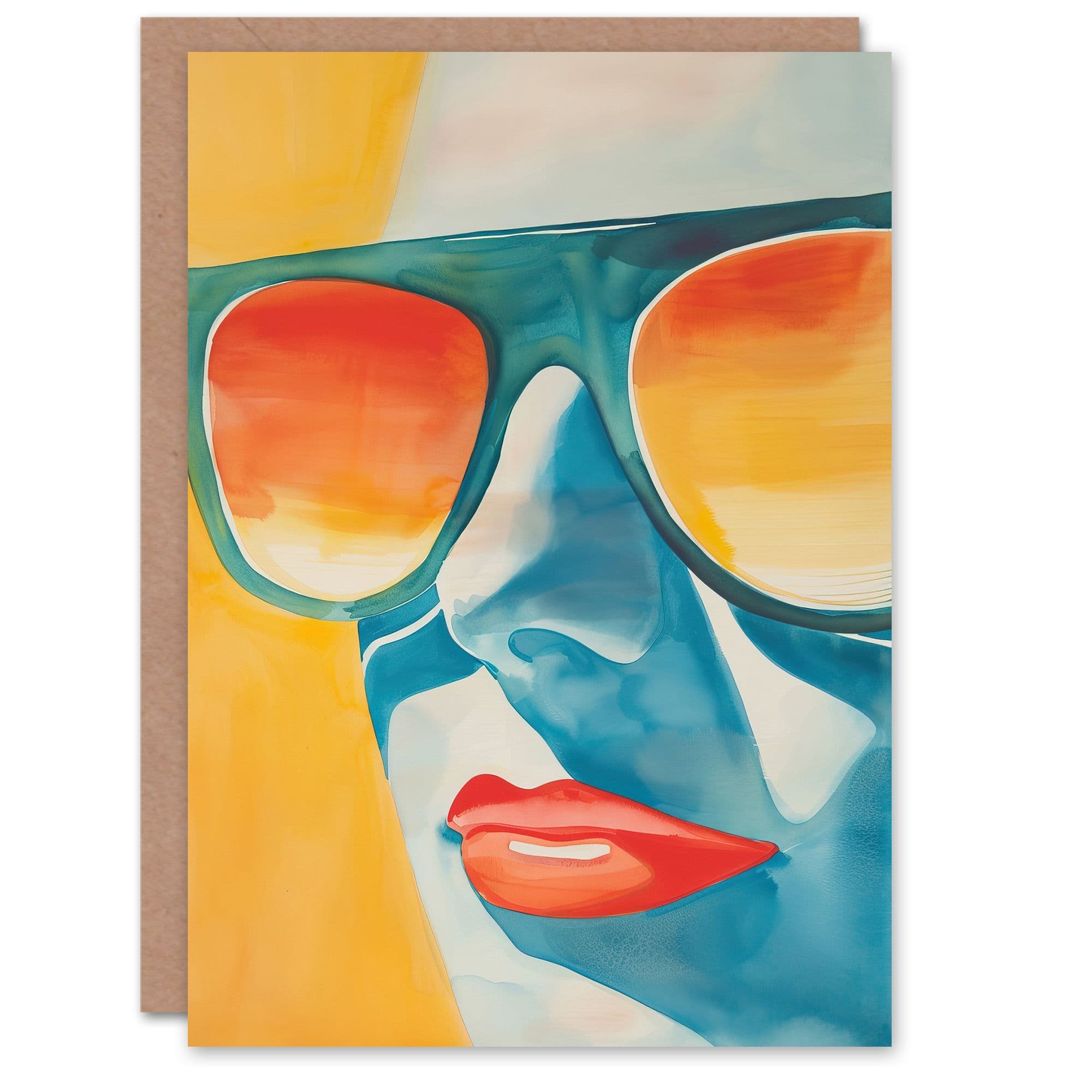 Summer Sunset Sunglasses Portrait Watercolour Greeting Card Birthday