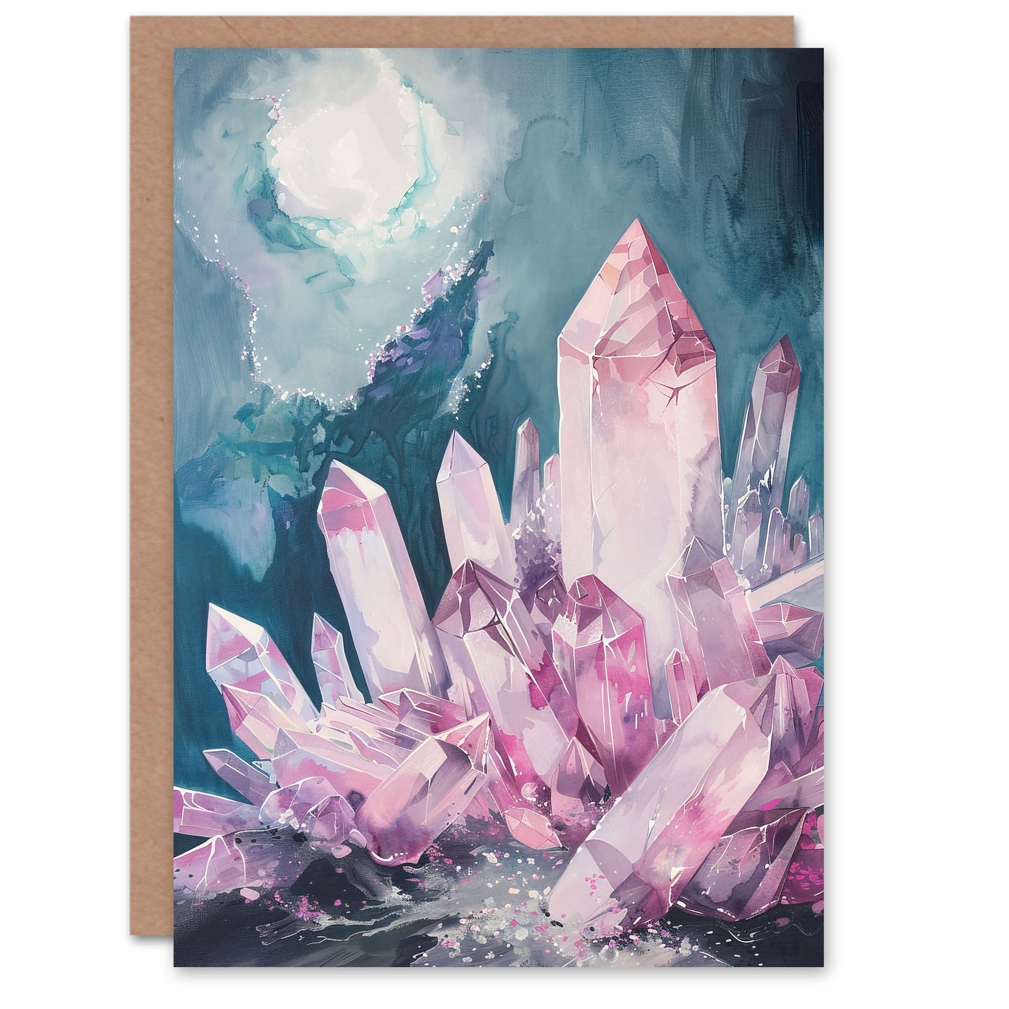 Rose Quartz Crystal Pink Mystical Landscape Greeting Card Birthday