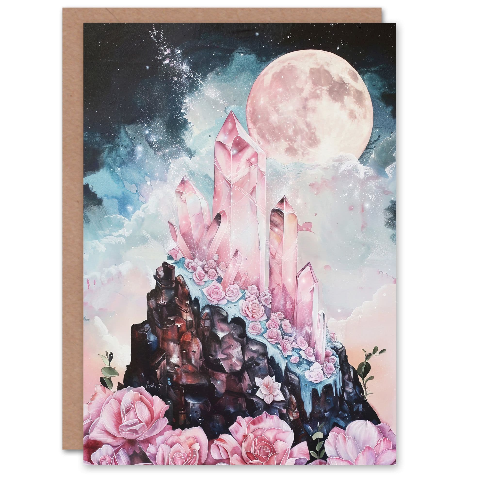 Rose Quartz Crystal Full Moon Fantasy Landscape Greeting Card Birthday