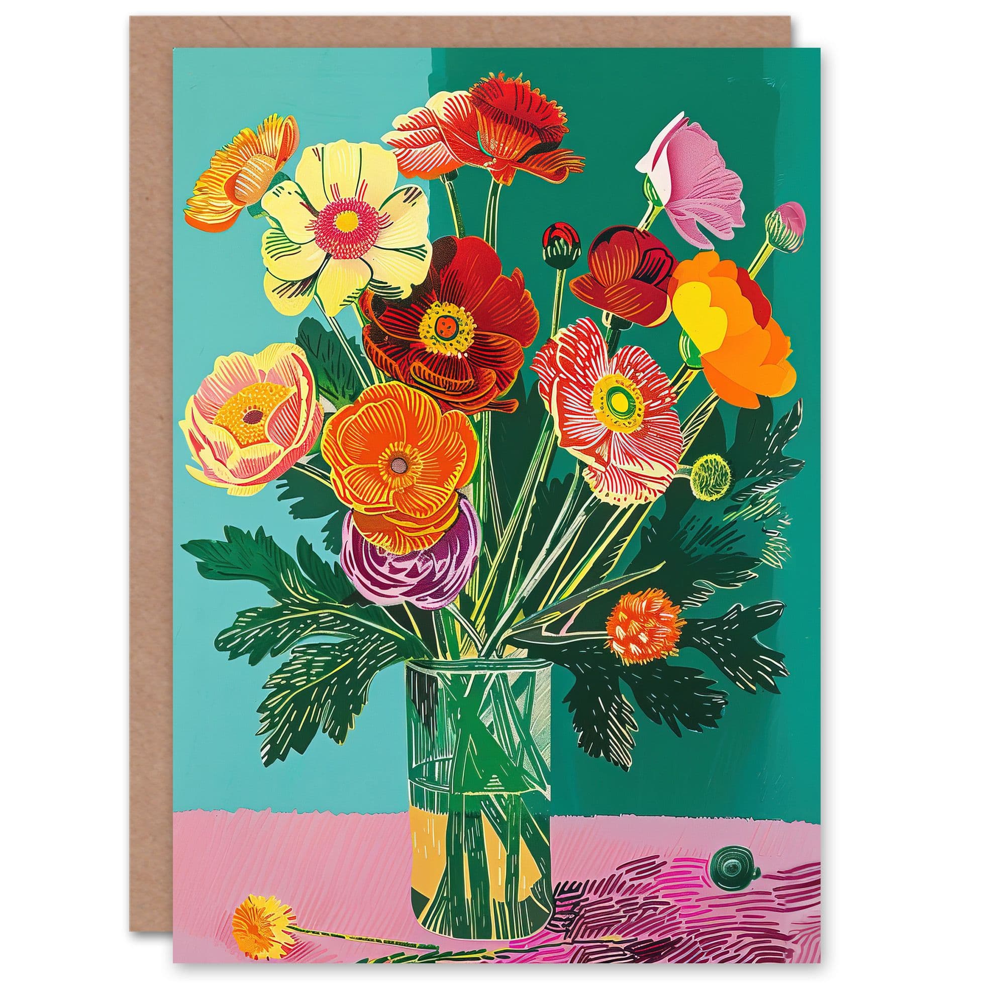 Anemone Flower Bouquet Vibrant Stylised Painting Greeting Card