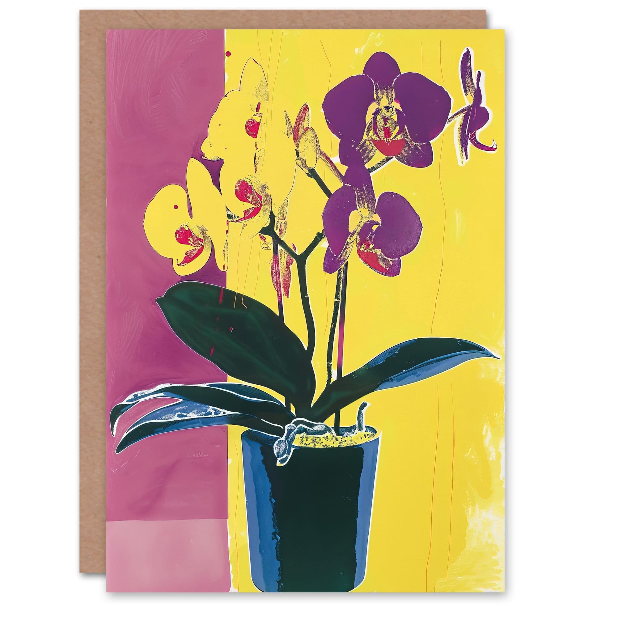 Orchid Flower Pot Purple Yellow Painting Greeting Card Birthday
