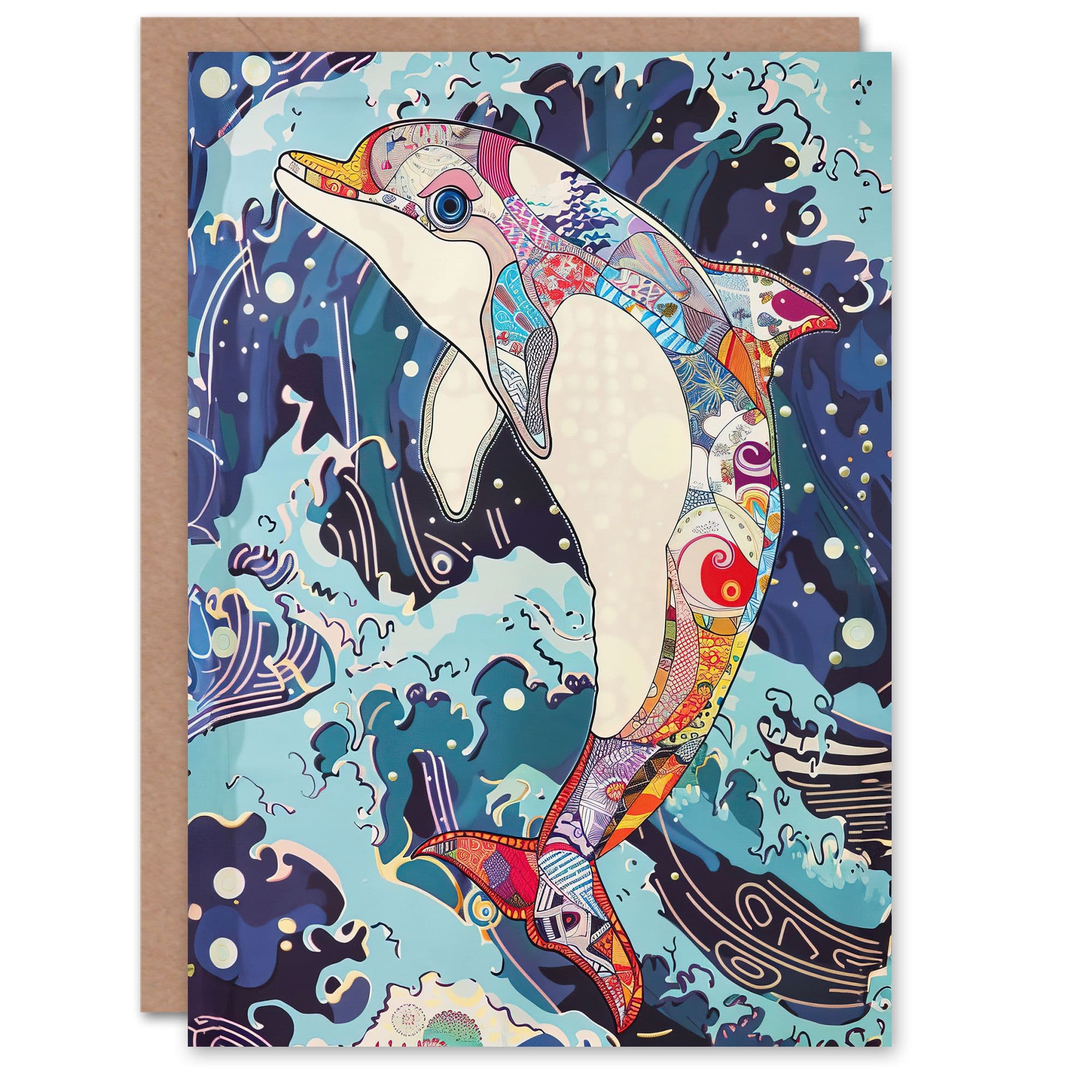 Dolphin Jump Sea Waves Colourful Folk Art Greeting Card Birthday