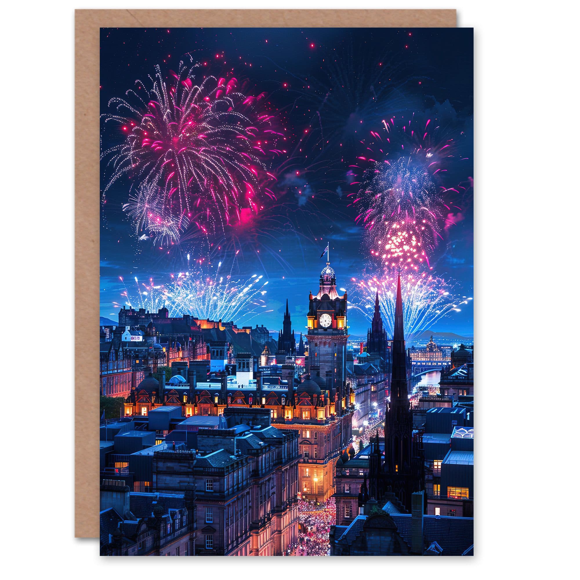 Edinburgh Fireworks Night Magical Cityscape Greeting Card Birthday