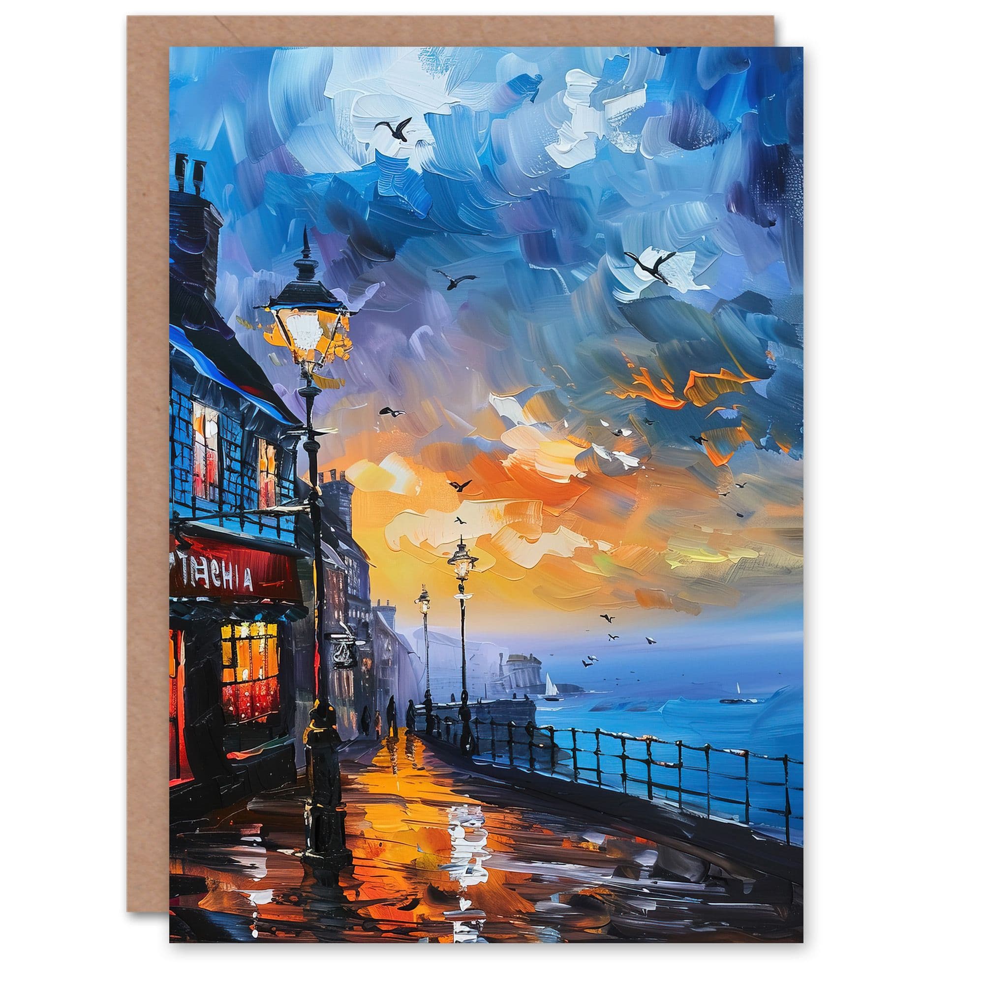 Seaside Town Promenade Sunset Oil Painting Greeting Card Birthday