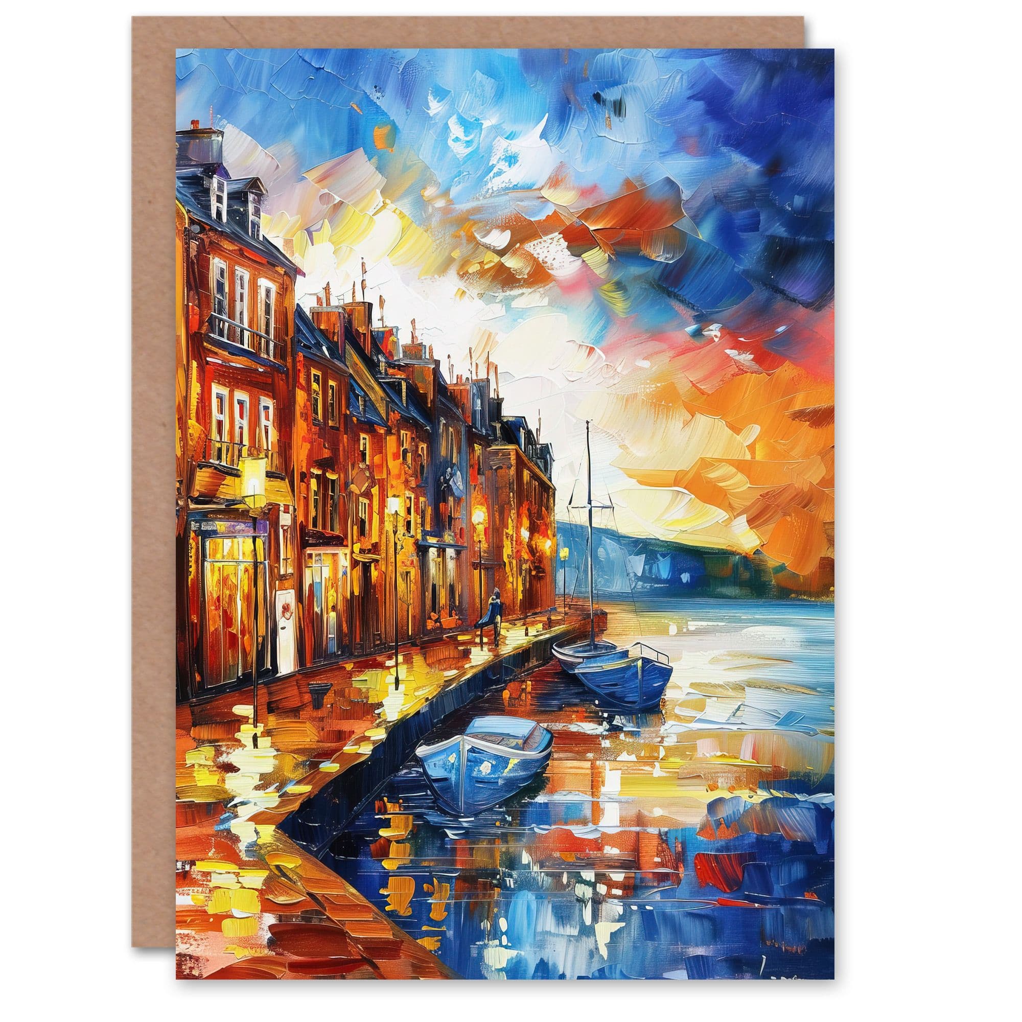 Seaside Town Harbor Sunset Oil Painting Greeting Card Birthday Him Her