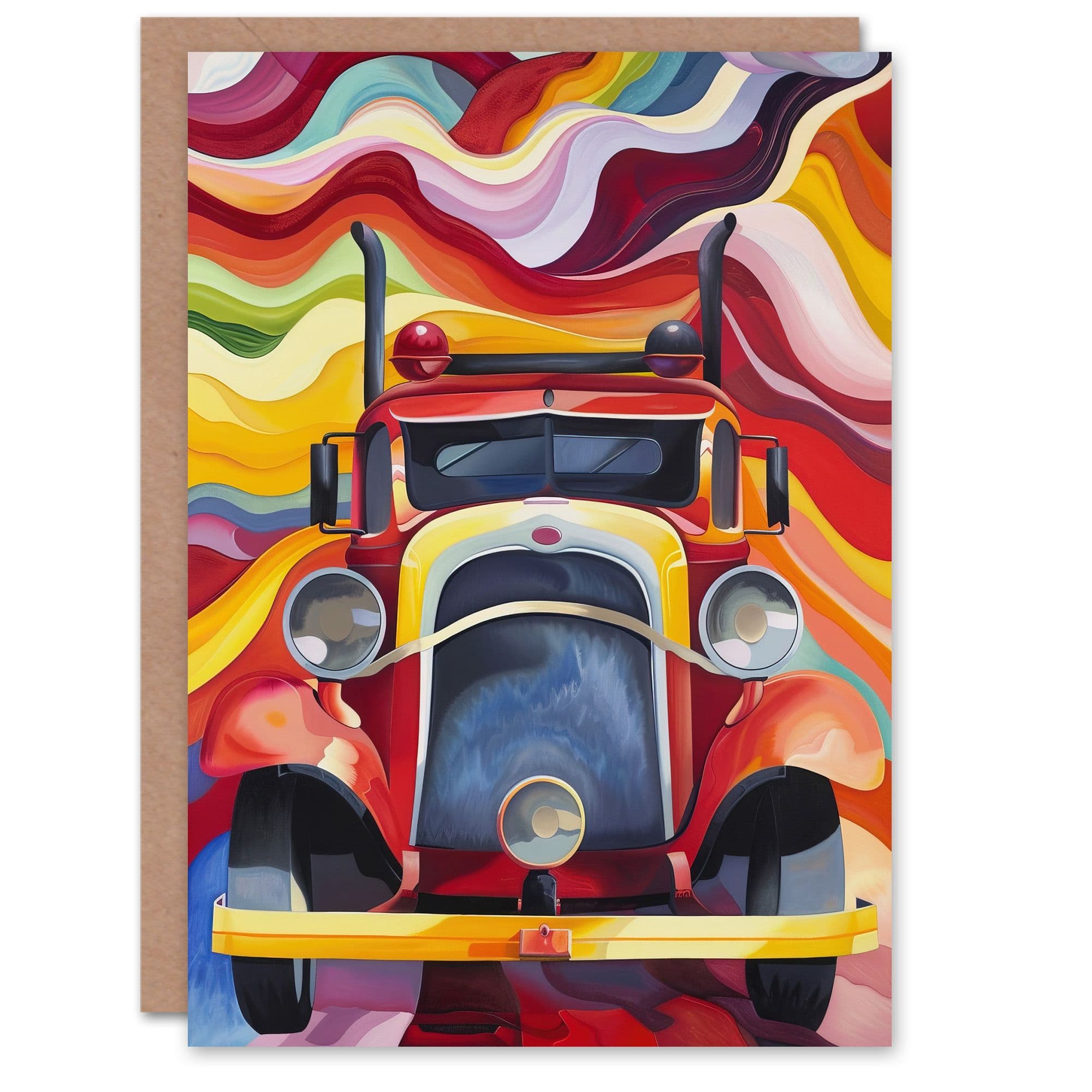 Fire Truck Front View Trippy Colourful Abstract Greeting Card Birthday