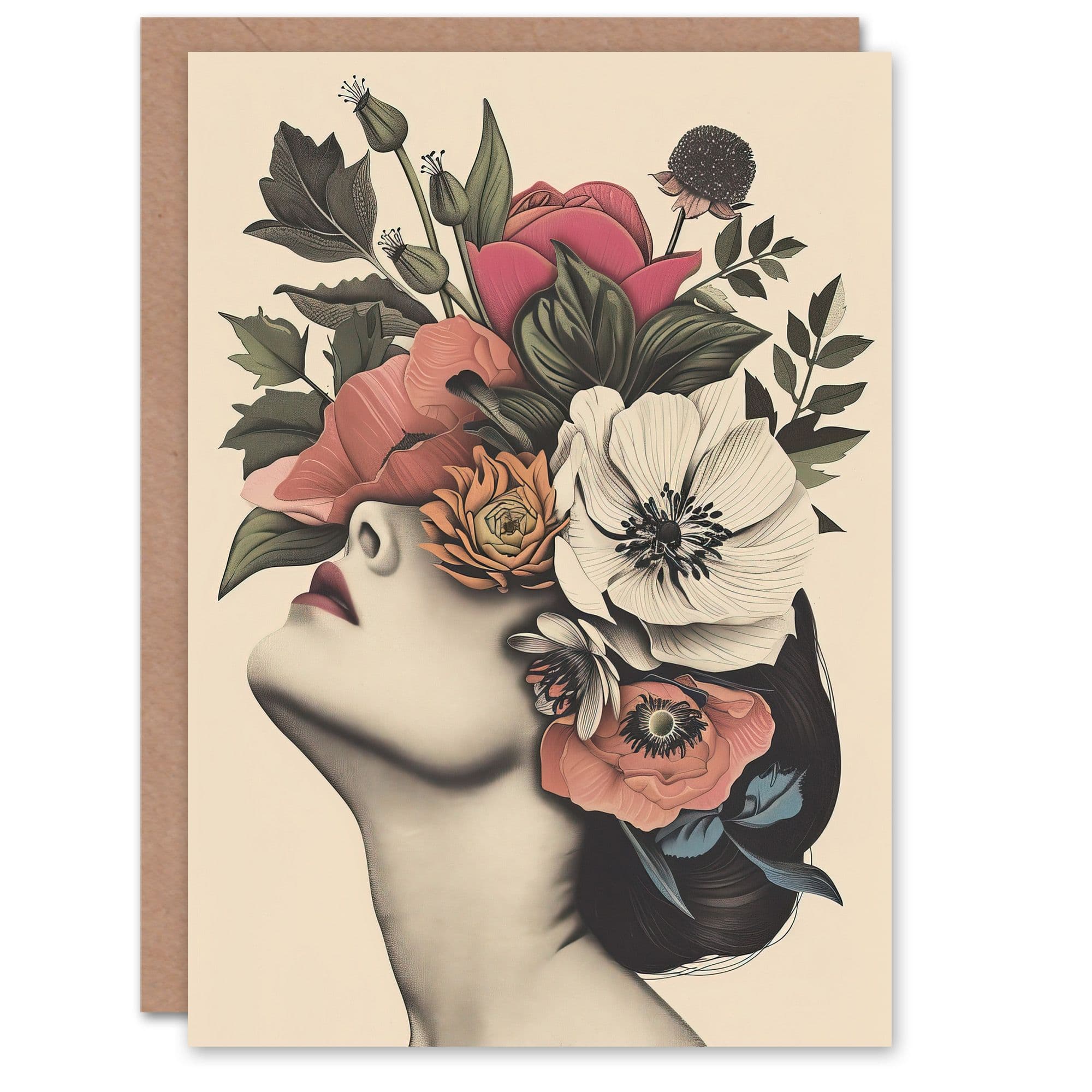 Woman Flower Headdress Vintage Style Flowerpunk Greeting Card Birthday