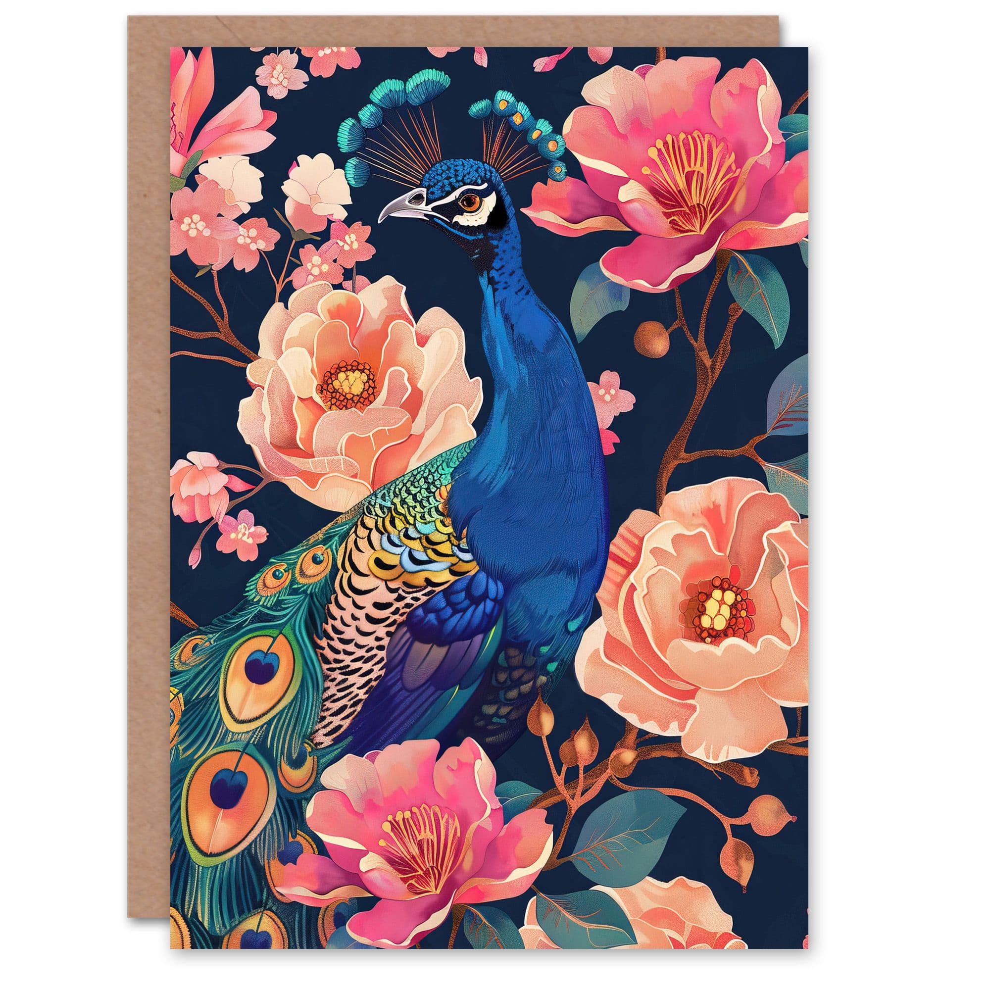 Peacock Bird with Pink Flower Pattern Design Greeting Card Birthday