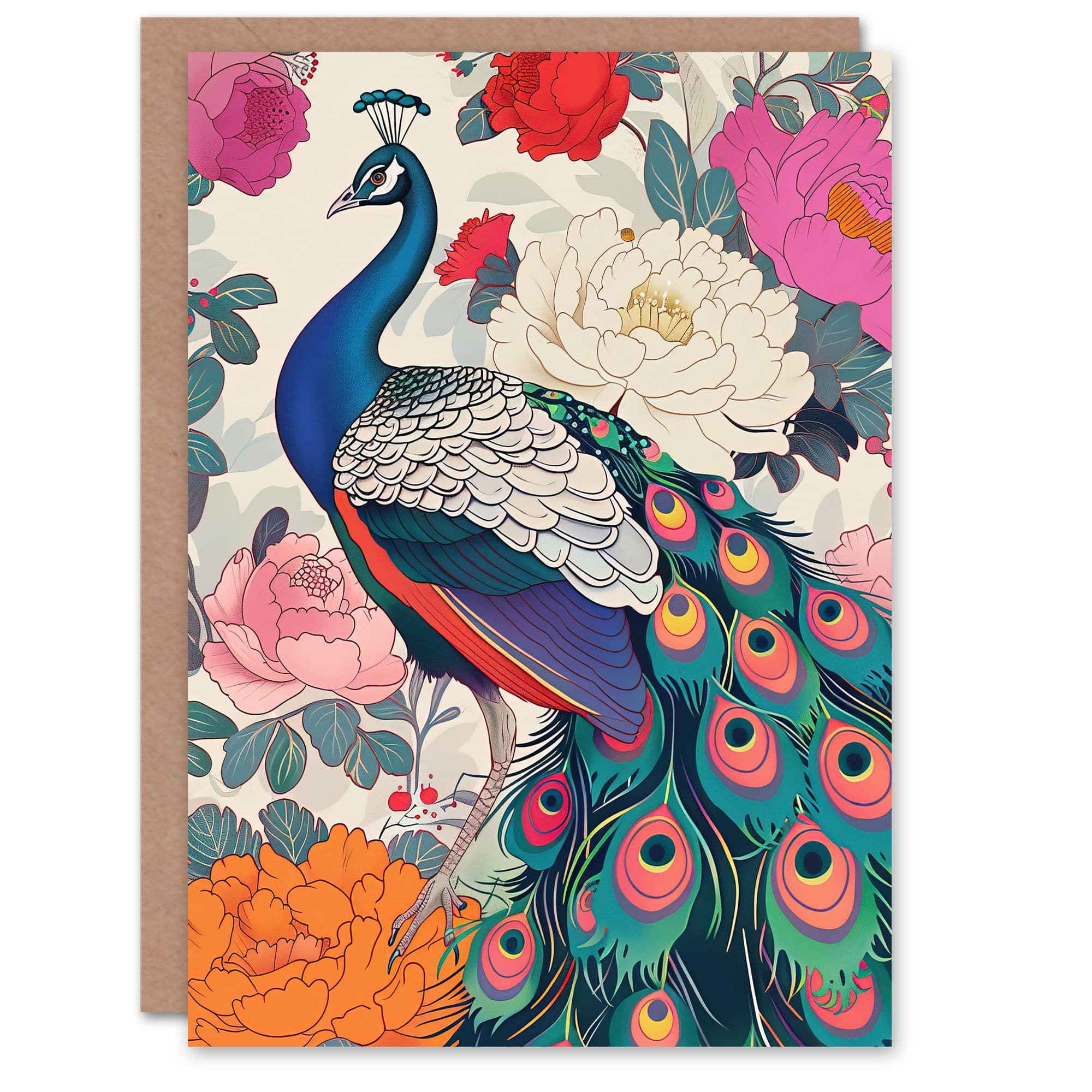 Peacock Bird with Peony Flower Pattern Design Greeting Card Birthday