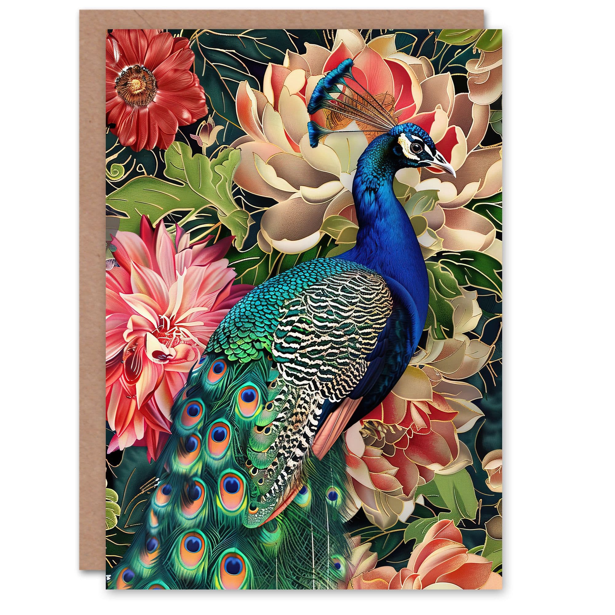 Peacock Bird with Flower Pattern Stylised Design Greeting Card