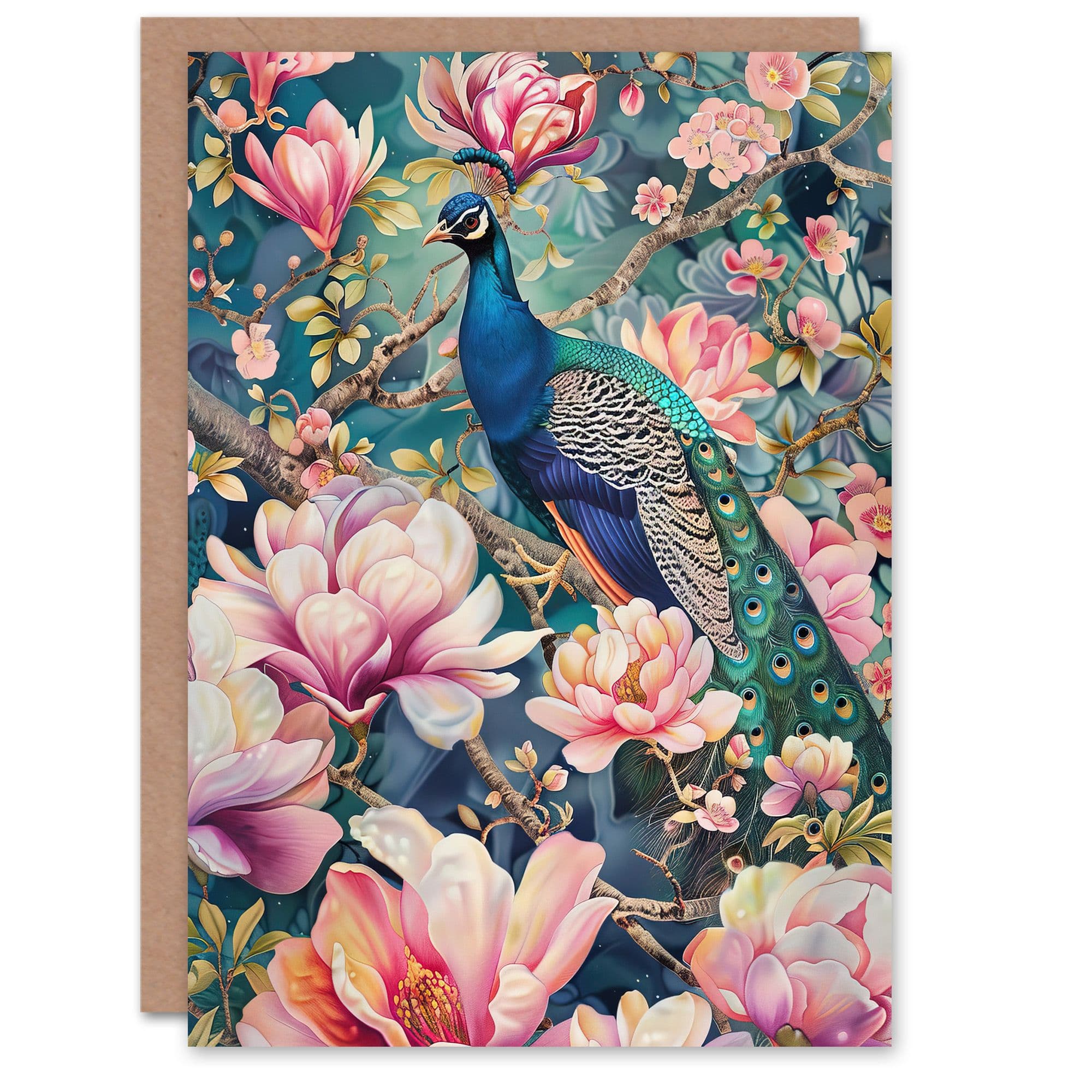 Peacock Bird Cherry Blossom Flower Tree Design Greeting Card Birthday