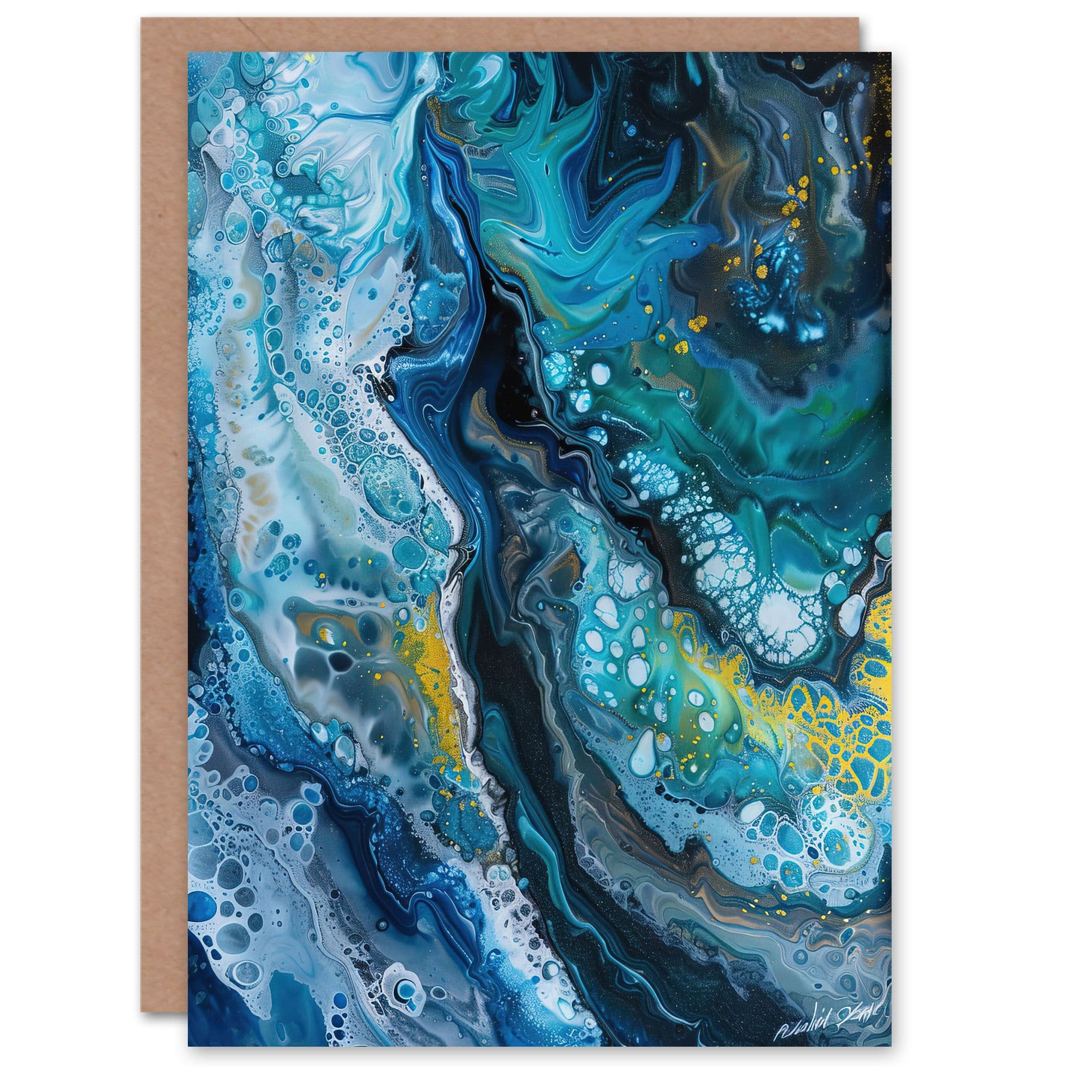 Liquid Paint Teal Blue Yellow Abstract Painting Greeting Card Birthday