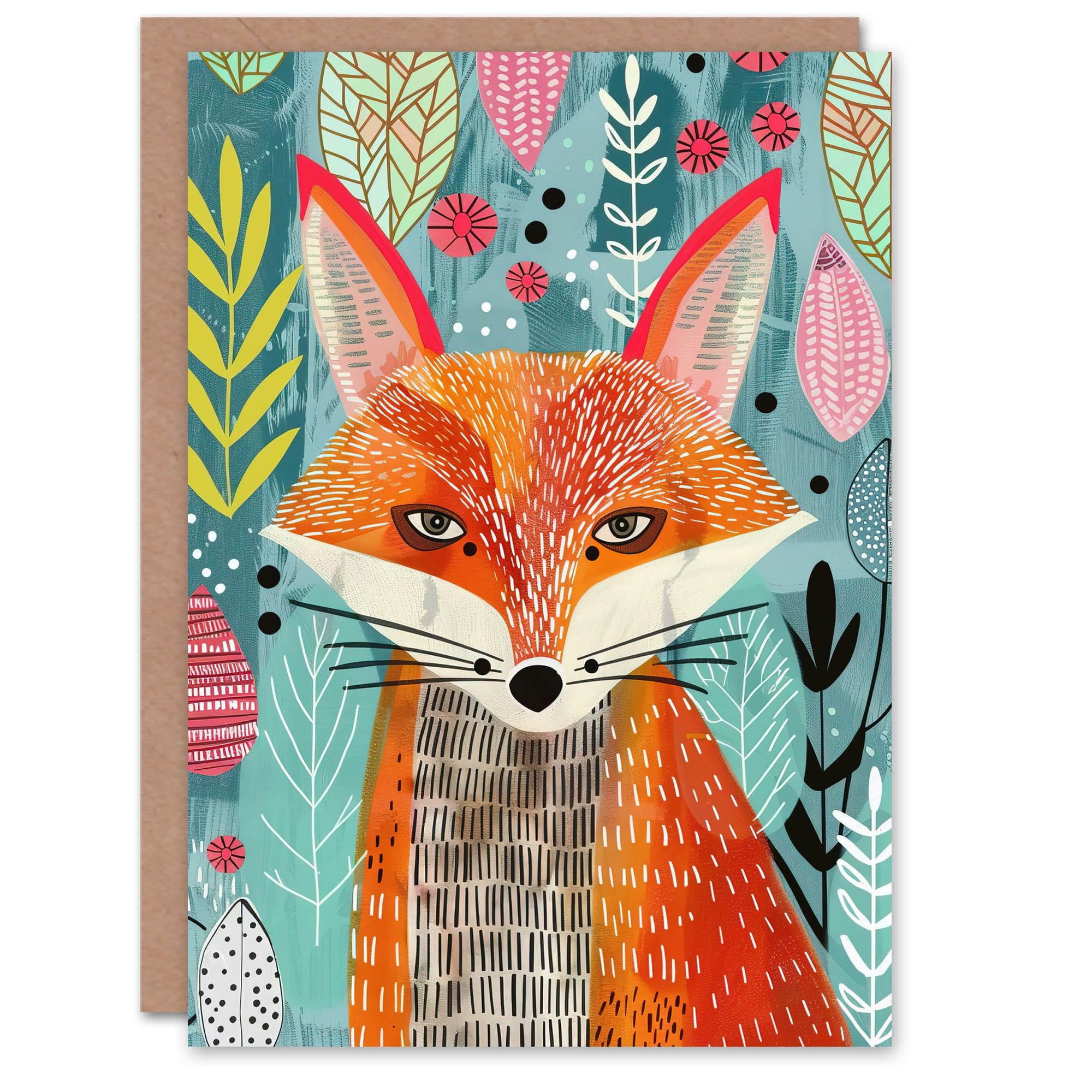 Devious Fox Garden Folk Art Pattern Design Greeting Card Birthday