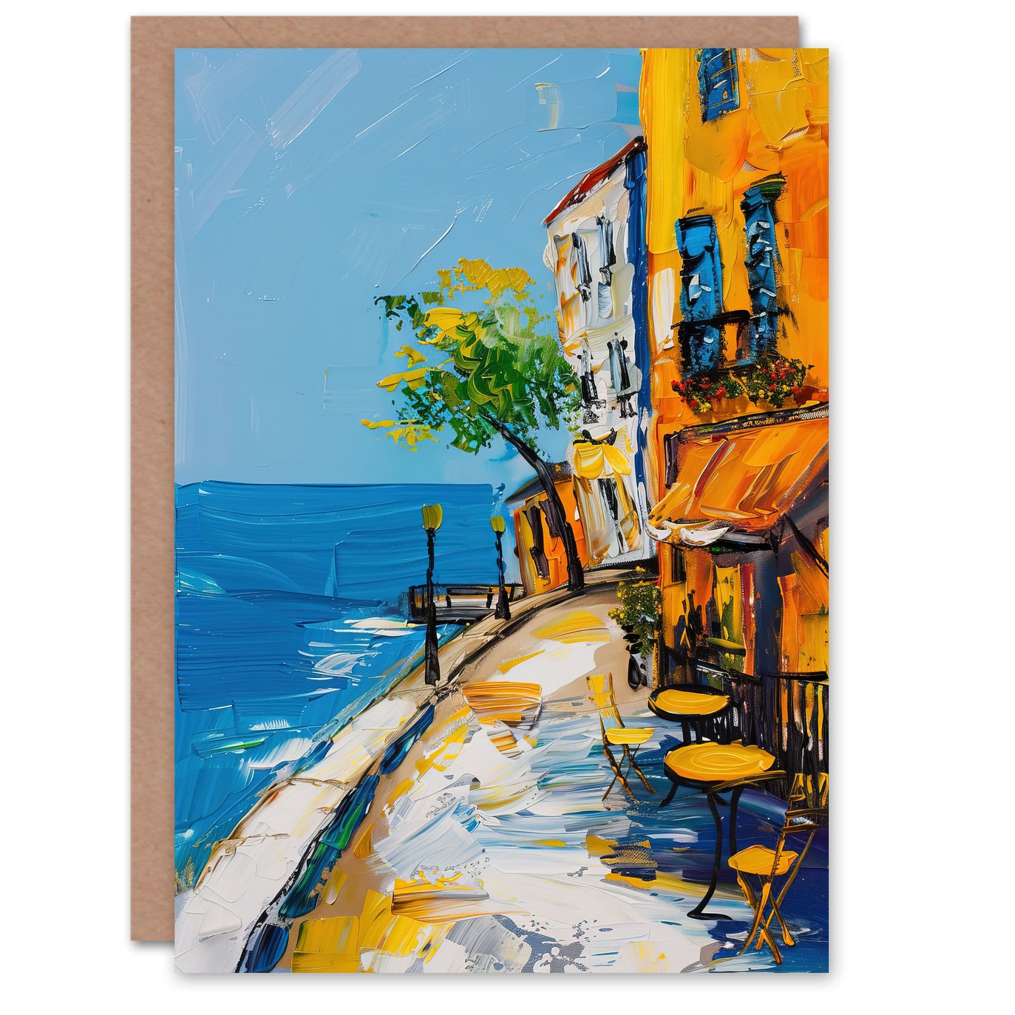 French Seaside Town Cafe Street Oil Painting Greeting Card Birthday