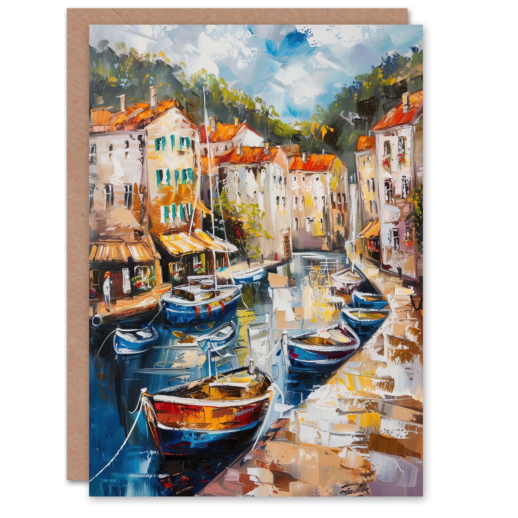 French Fishing Town Canal Boats Townscape Greeting Card Birthday