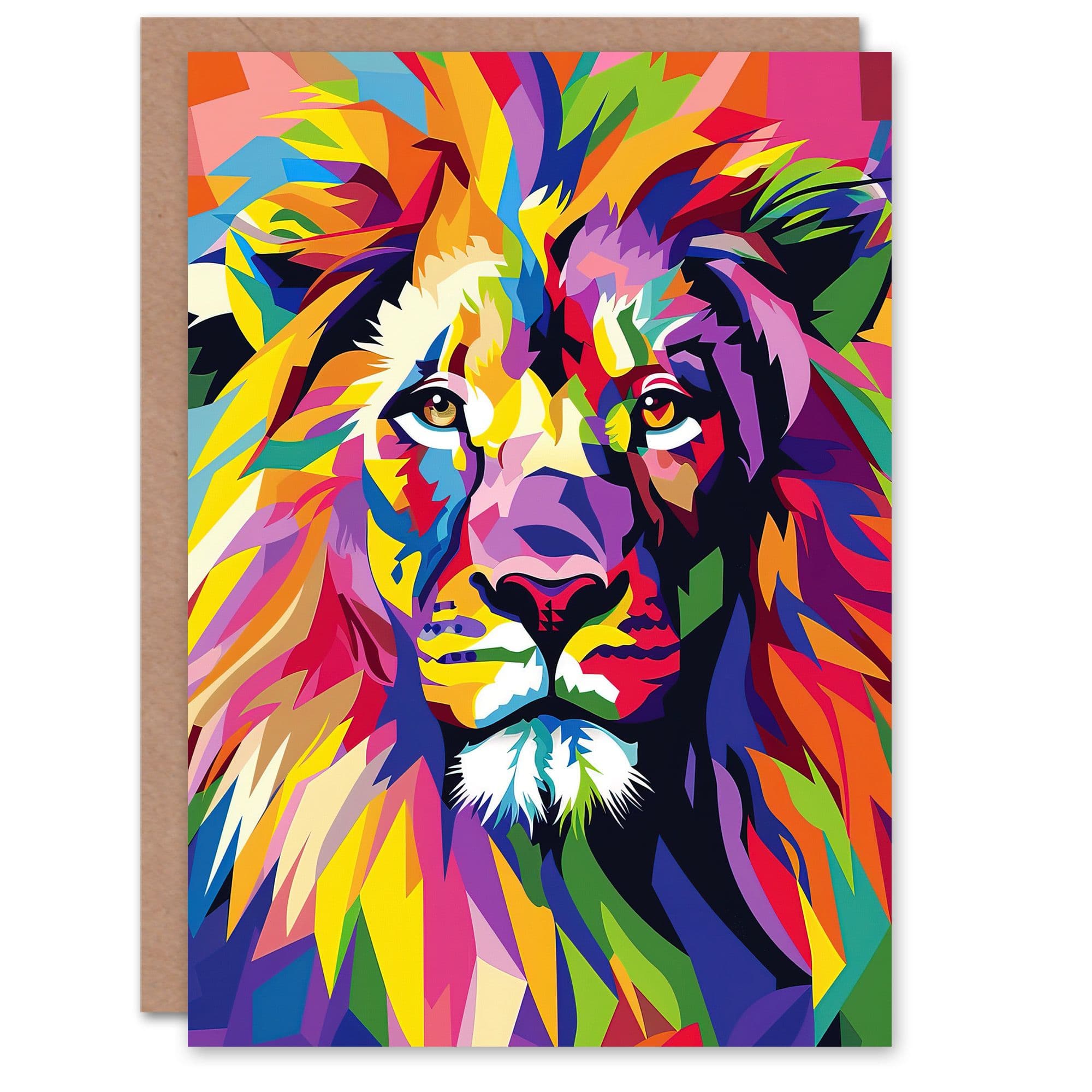 Lion Head Colourful Vibrant Geometric Design Greeting Card Birthday