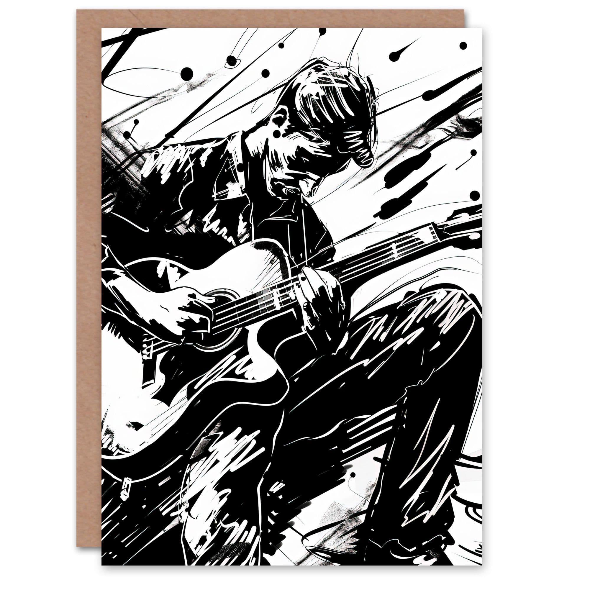 Guitarist Playing Guitar White Ink Drawing Greeting Card