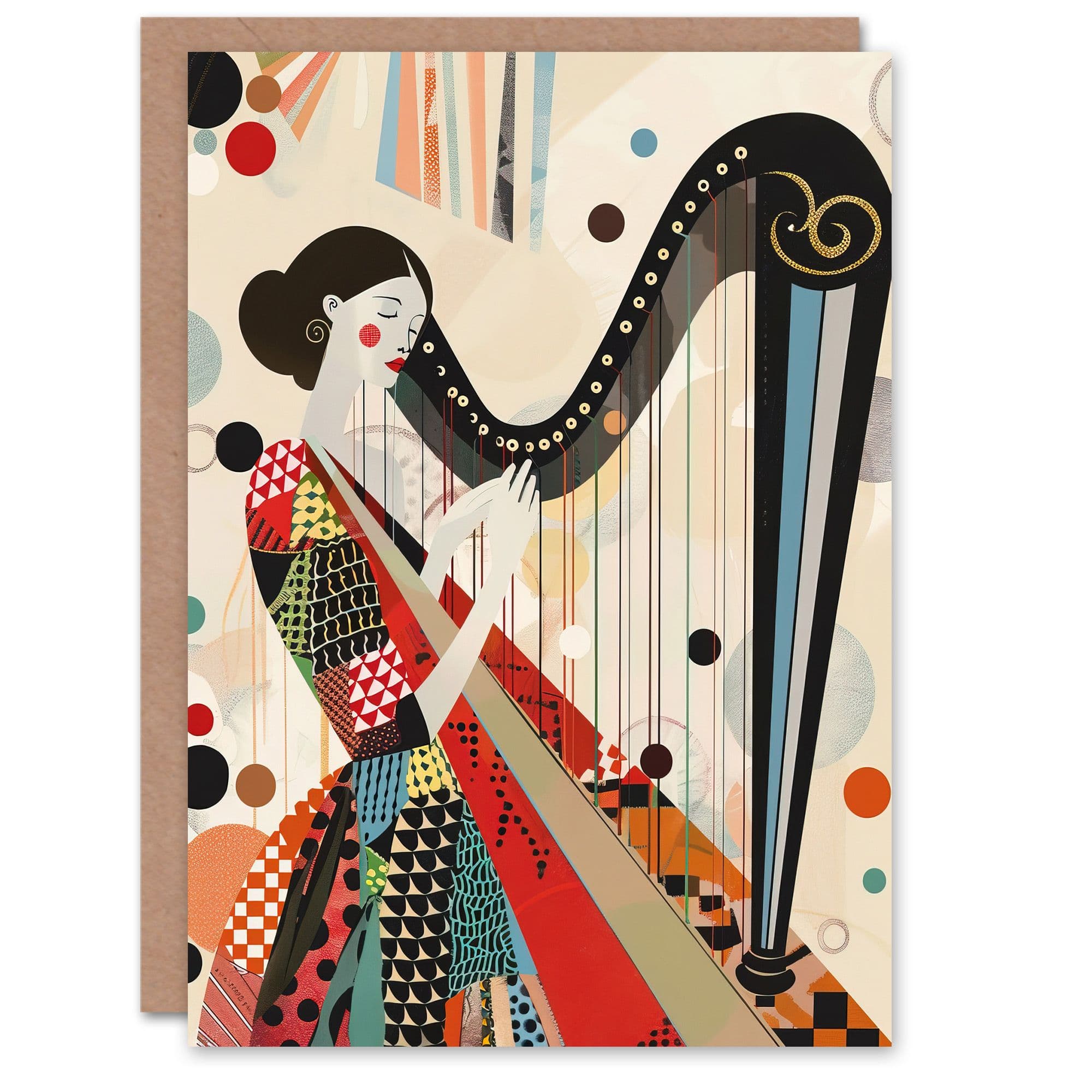 Harpist Playing Harp Music Colourful Geometric Greeting Card Birthday