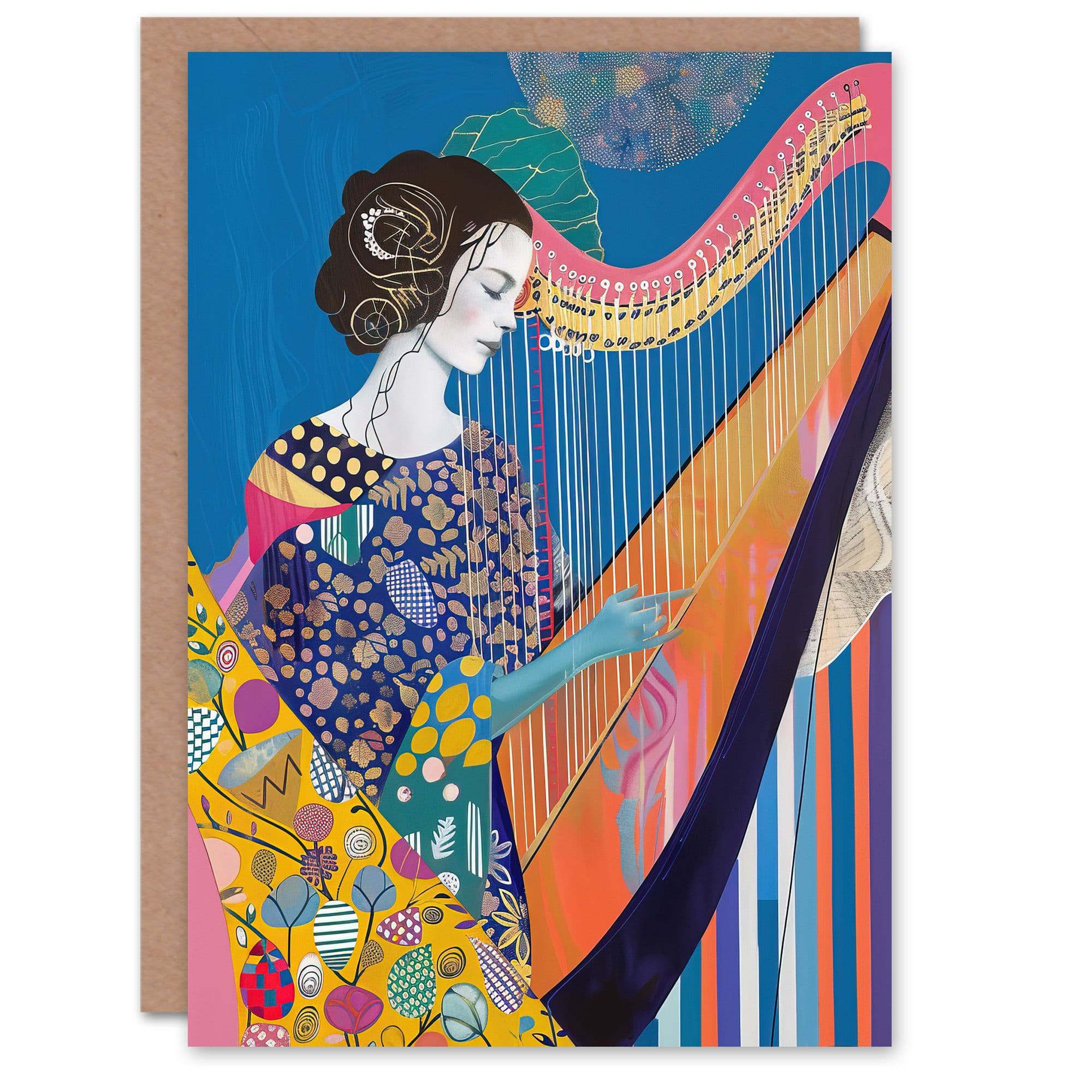 Harpist Playing Harp Music Colourful Batik Style Greeting Card