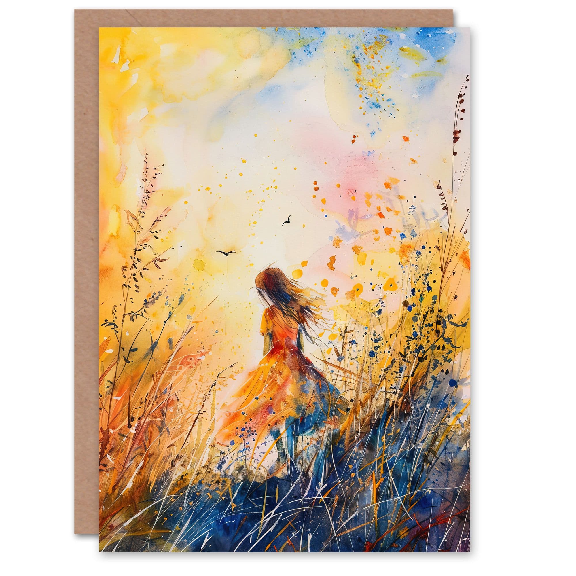 Little Girl in Summer Meadow Dusk Painting Greeting Card Birthday