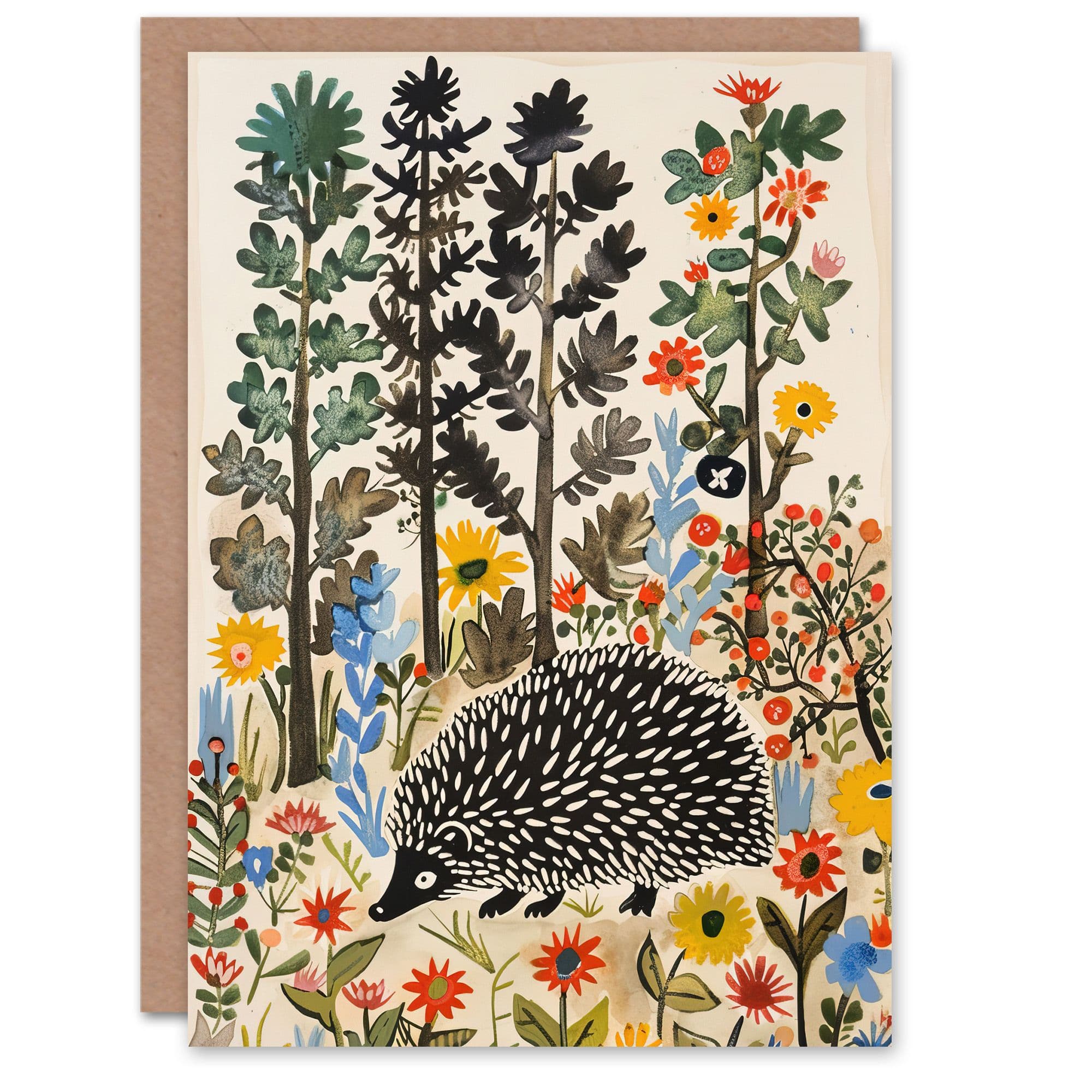 Hedgehog Forest Folk Art Painting Wildflowers Greeting Card