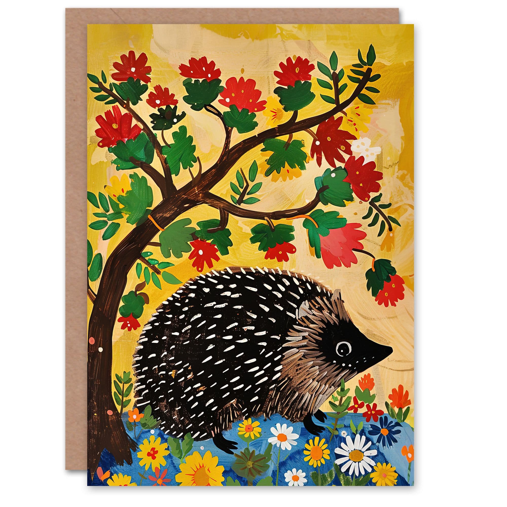 Charming Hedgehog Under Tree Flowers Folk Art Greeting Card Birthday