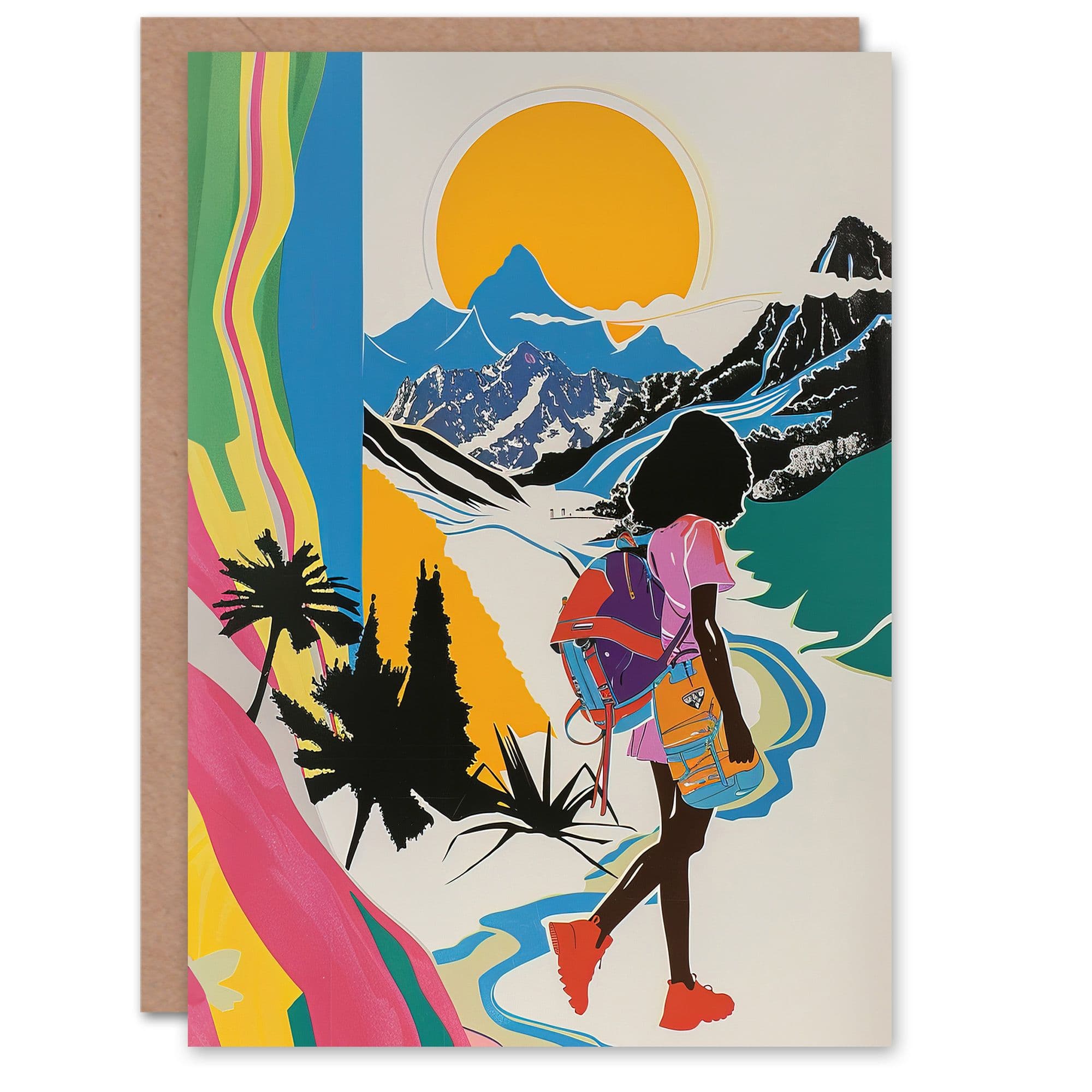 Hiker Bright Sun Mountains Abstract Colourful Greeting Card Birthday