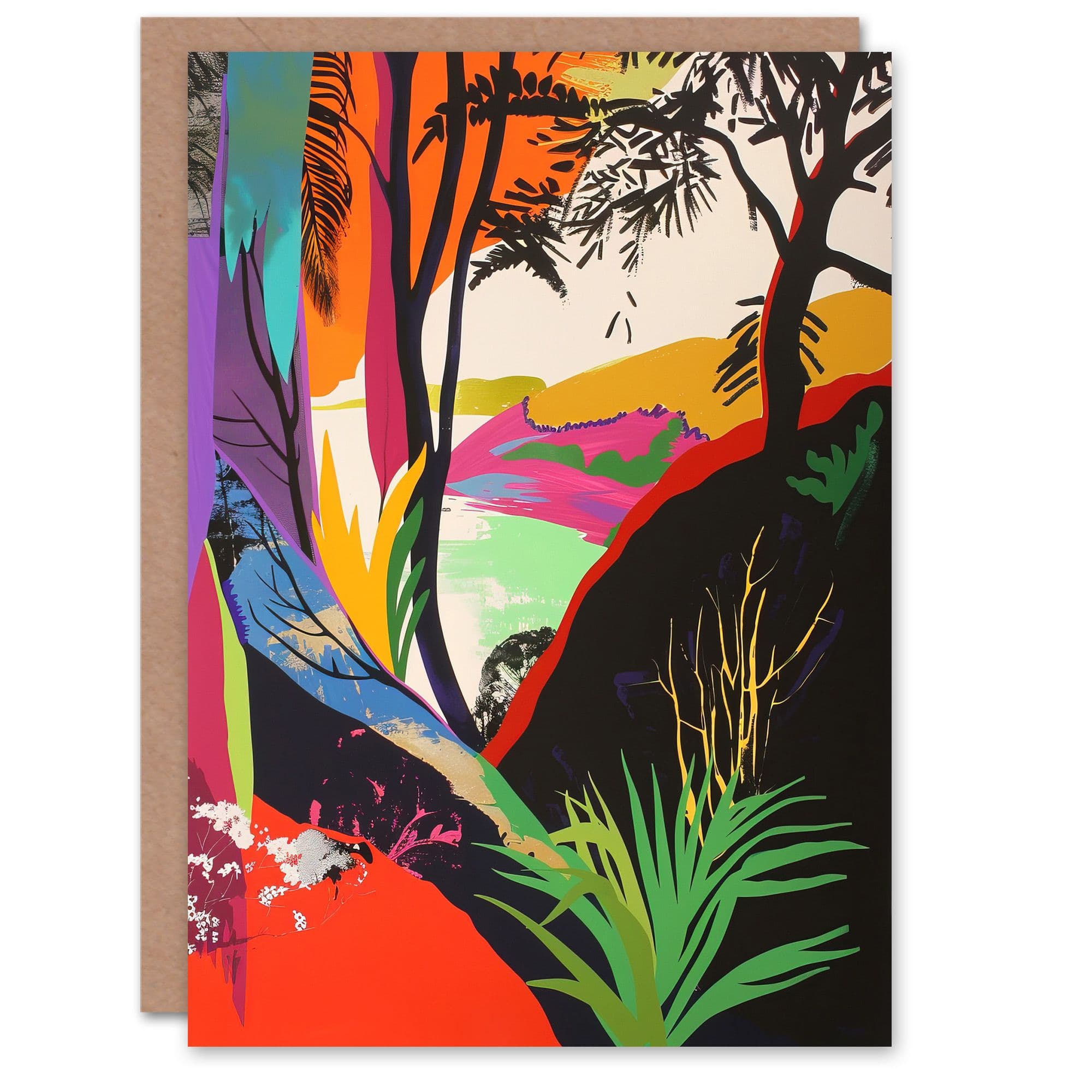 Colourful Abstract Trees Hills Lake Bright Bold Greeting Card Birthday
