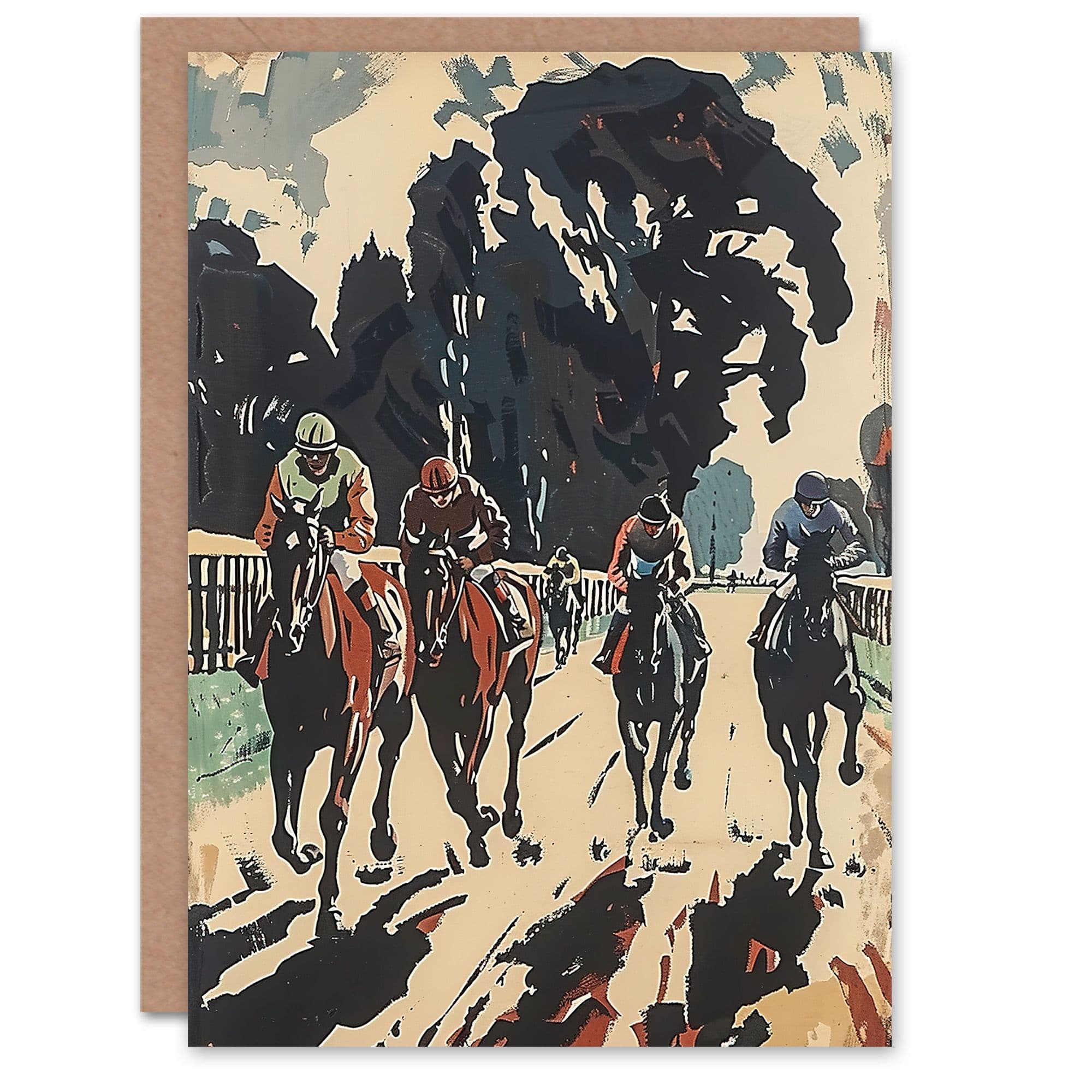 Horse Racing Scene Modern Artwork Jockeys Bold Greeting Card Birthday