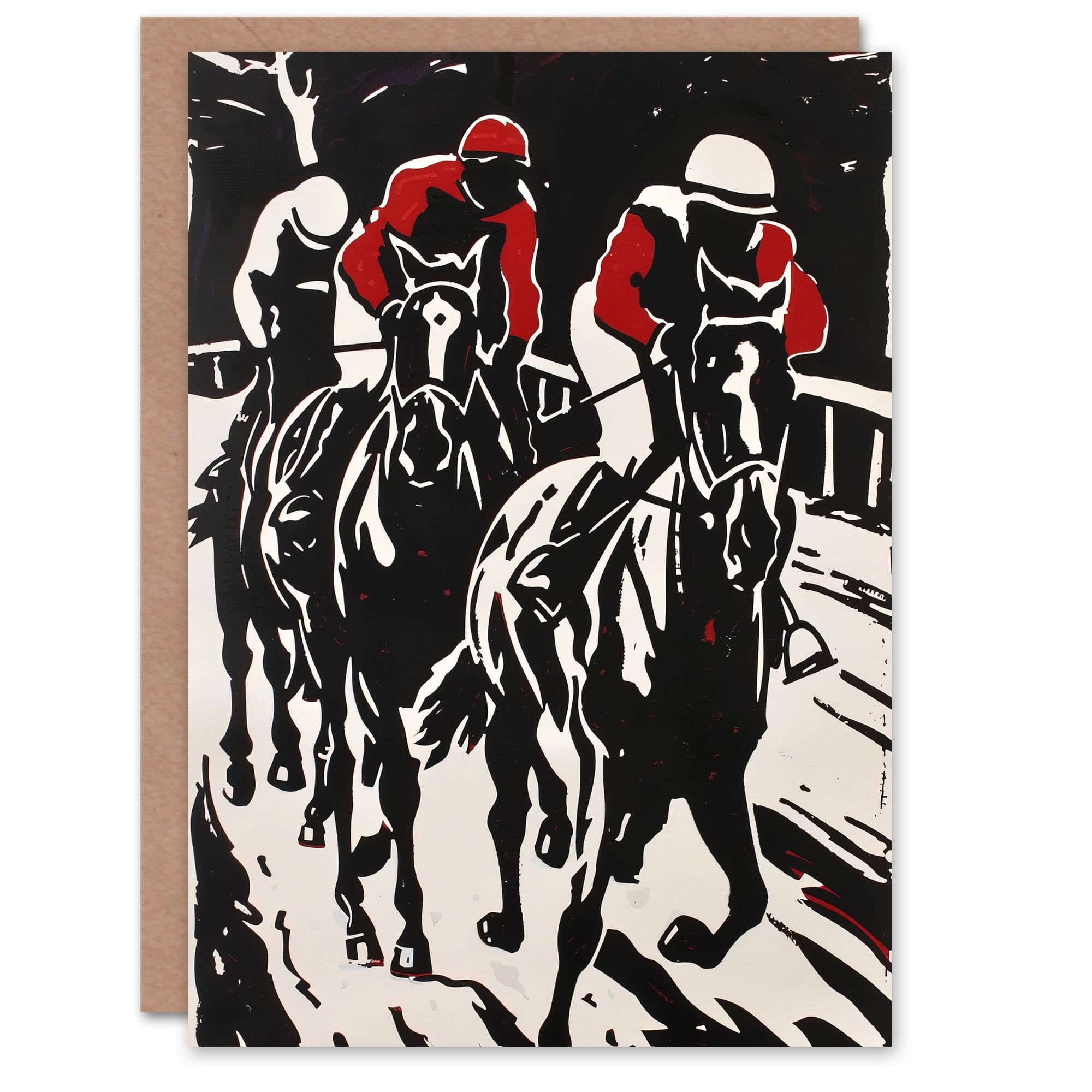 Jockeys Horse Racing Scene Red Modernist Greeting Card
