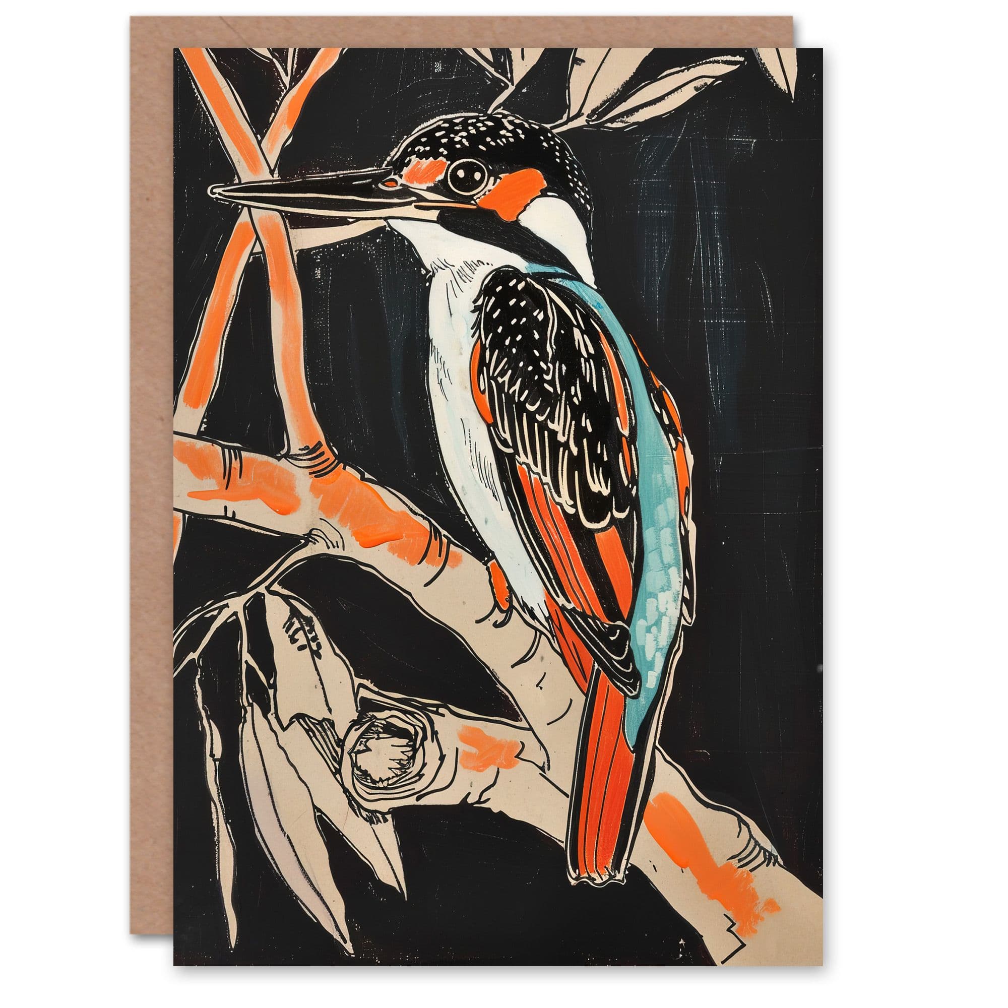 Modernist Kingfisher Bird on Branch Orange Greeting Card