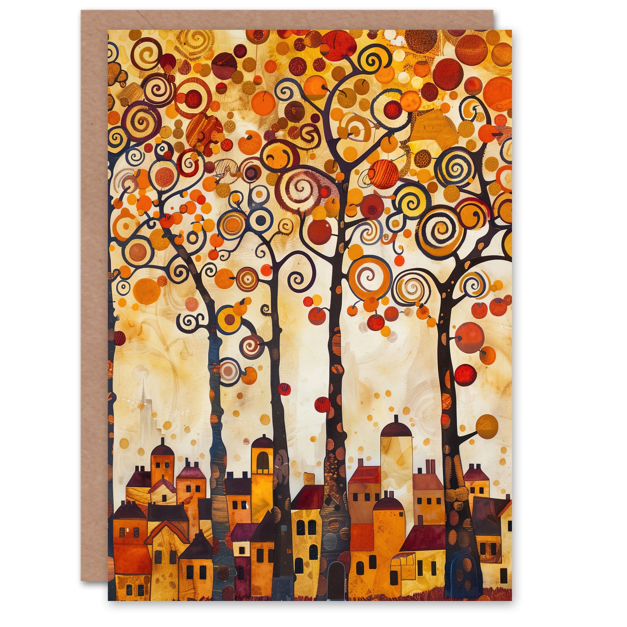 Tangerine Trees Town Painting Autumnal Colours Greeting Card Birthday