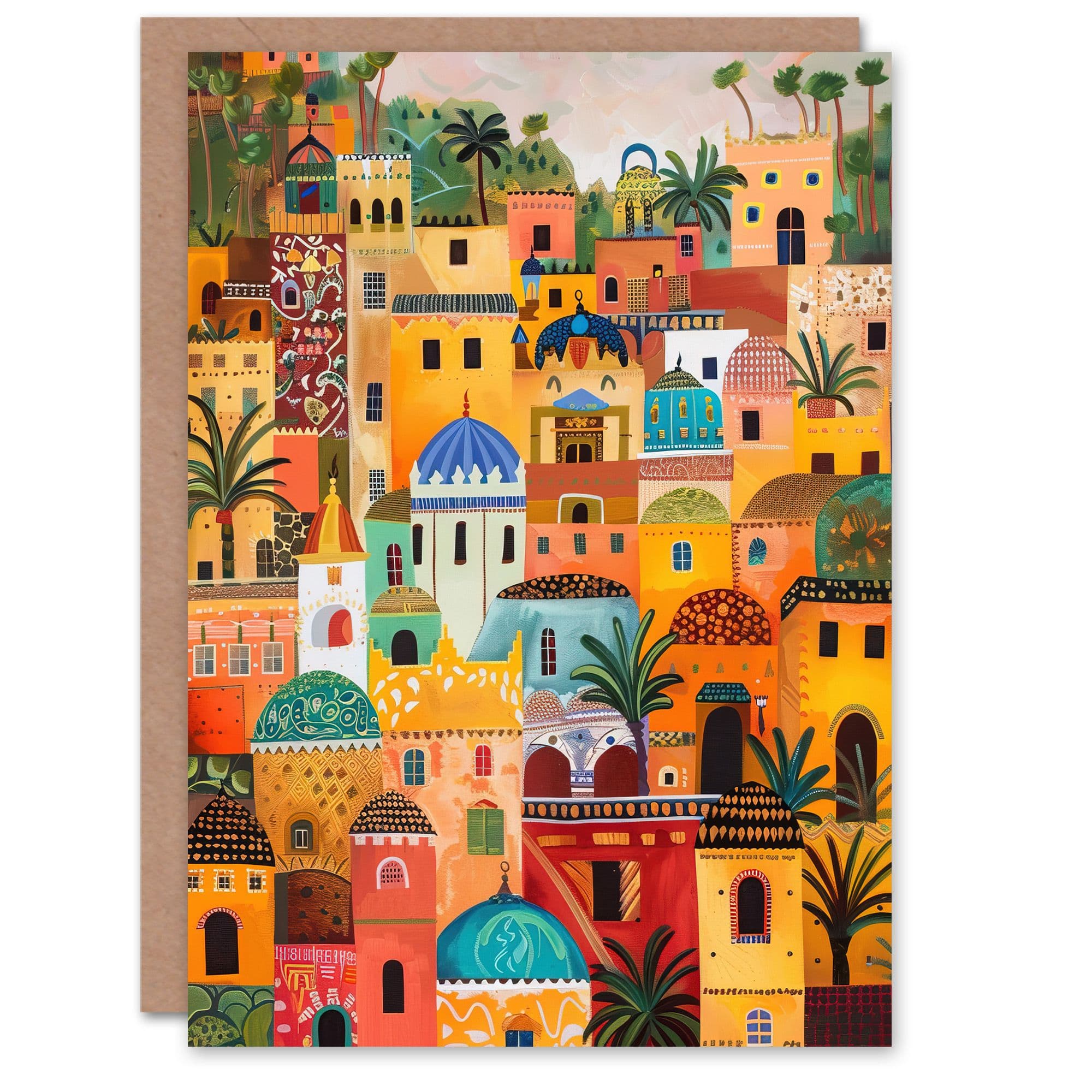 Colourful Moroccan Cityscape Painting Exotic Sun Greeting Card