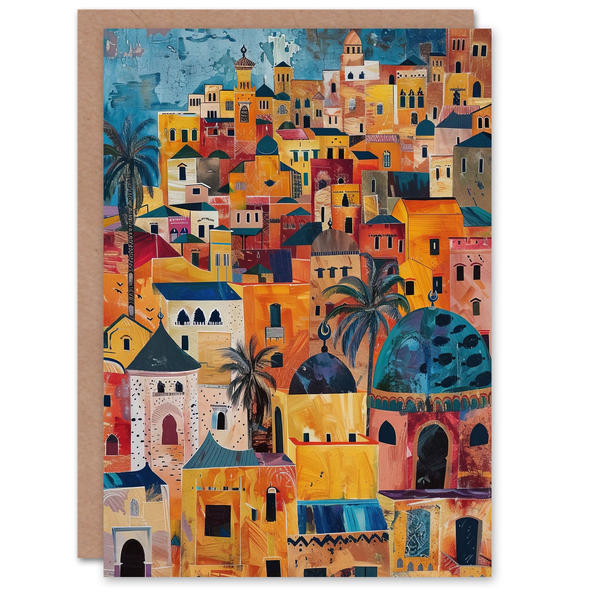 Moroccan Cityscape Artwork Colourful Exotic Greeting Card