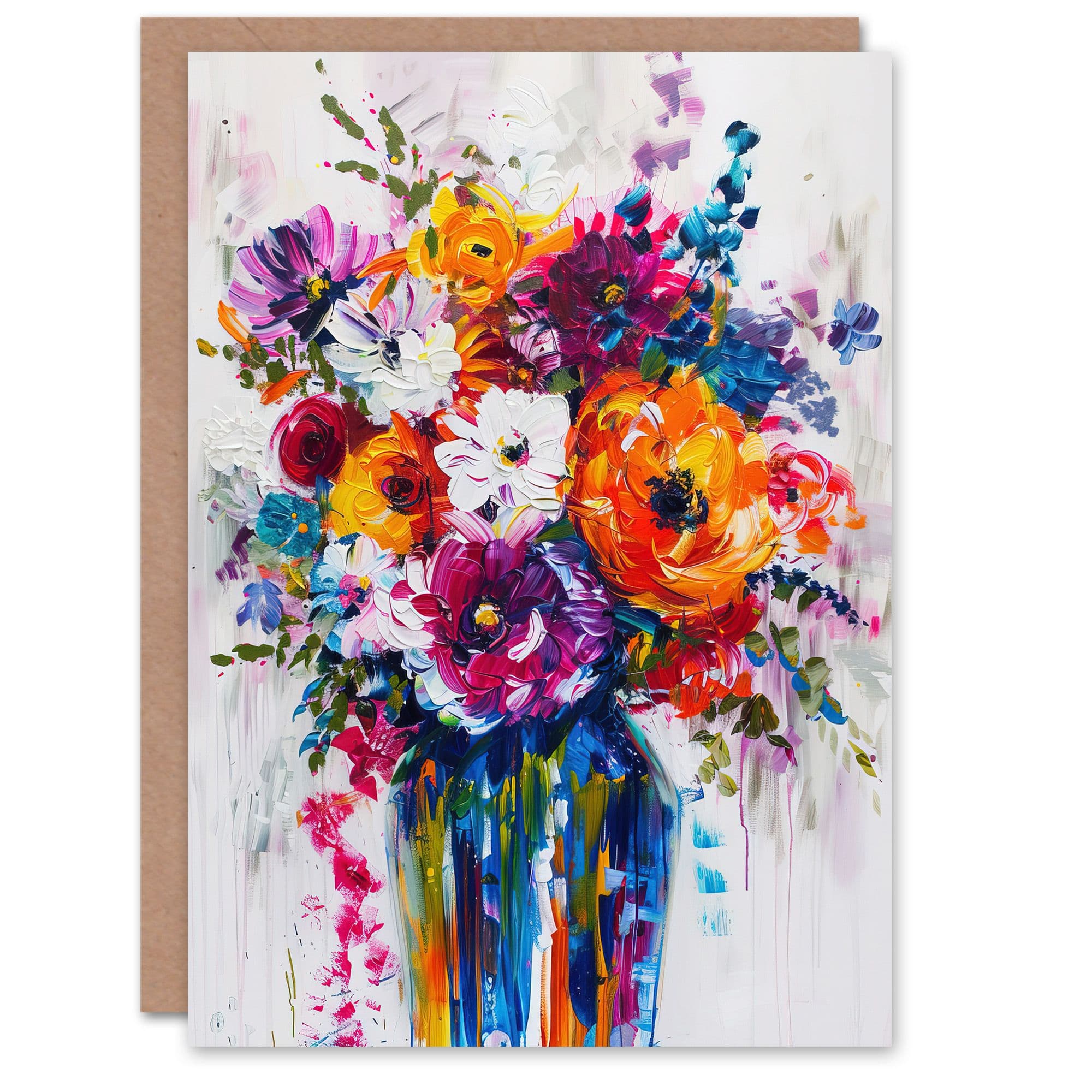 Multicoloured Flower Bouquet in Vase Oil Painting Greeting Card